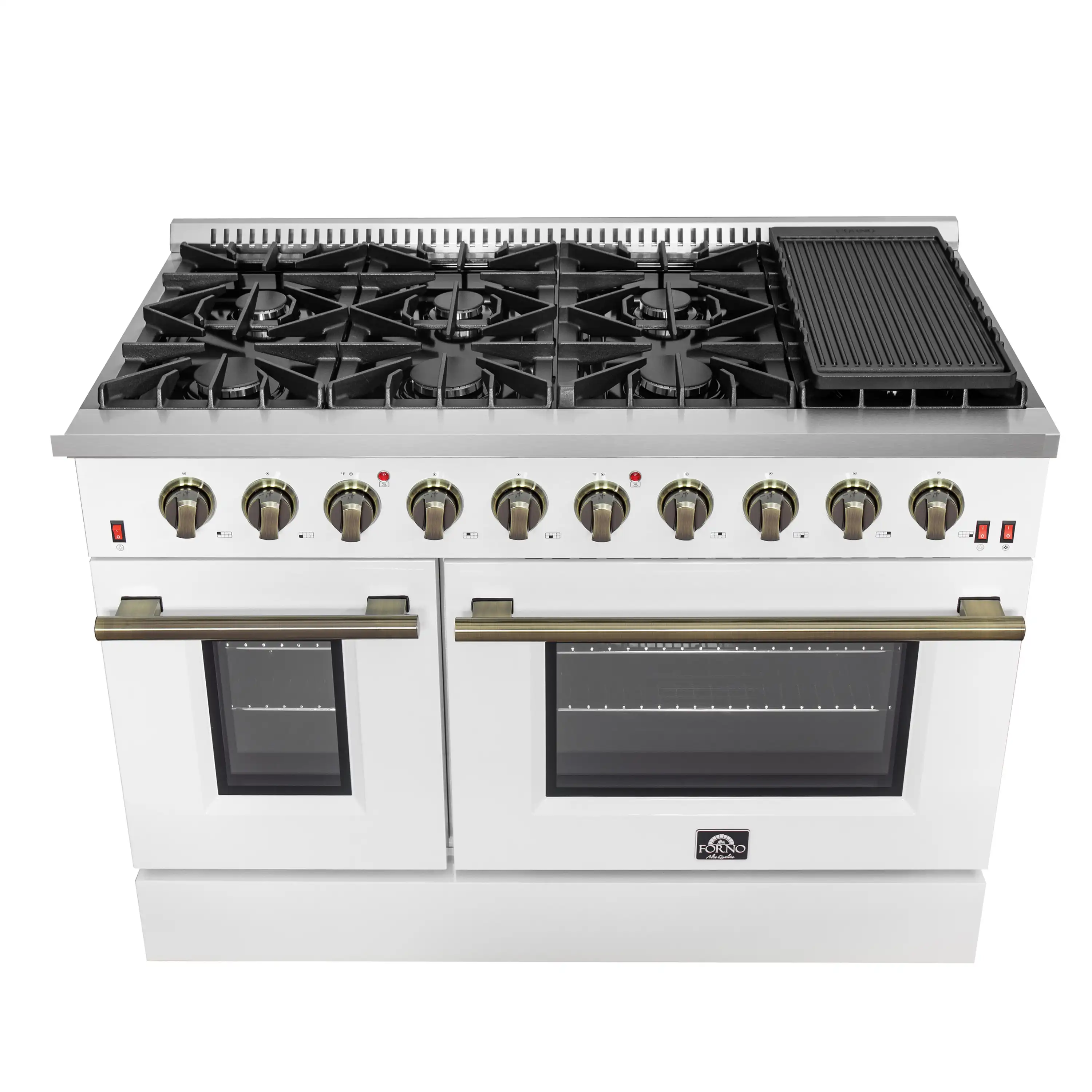 Forno 4-Piece Appliance Package - 48-Inch Gas Range, Wall Mount Range Hood, 60-Inch Built-In Convertible Refrigerator, and Dishwasher in White with Antique Brass Handle - Image 3