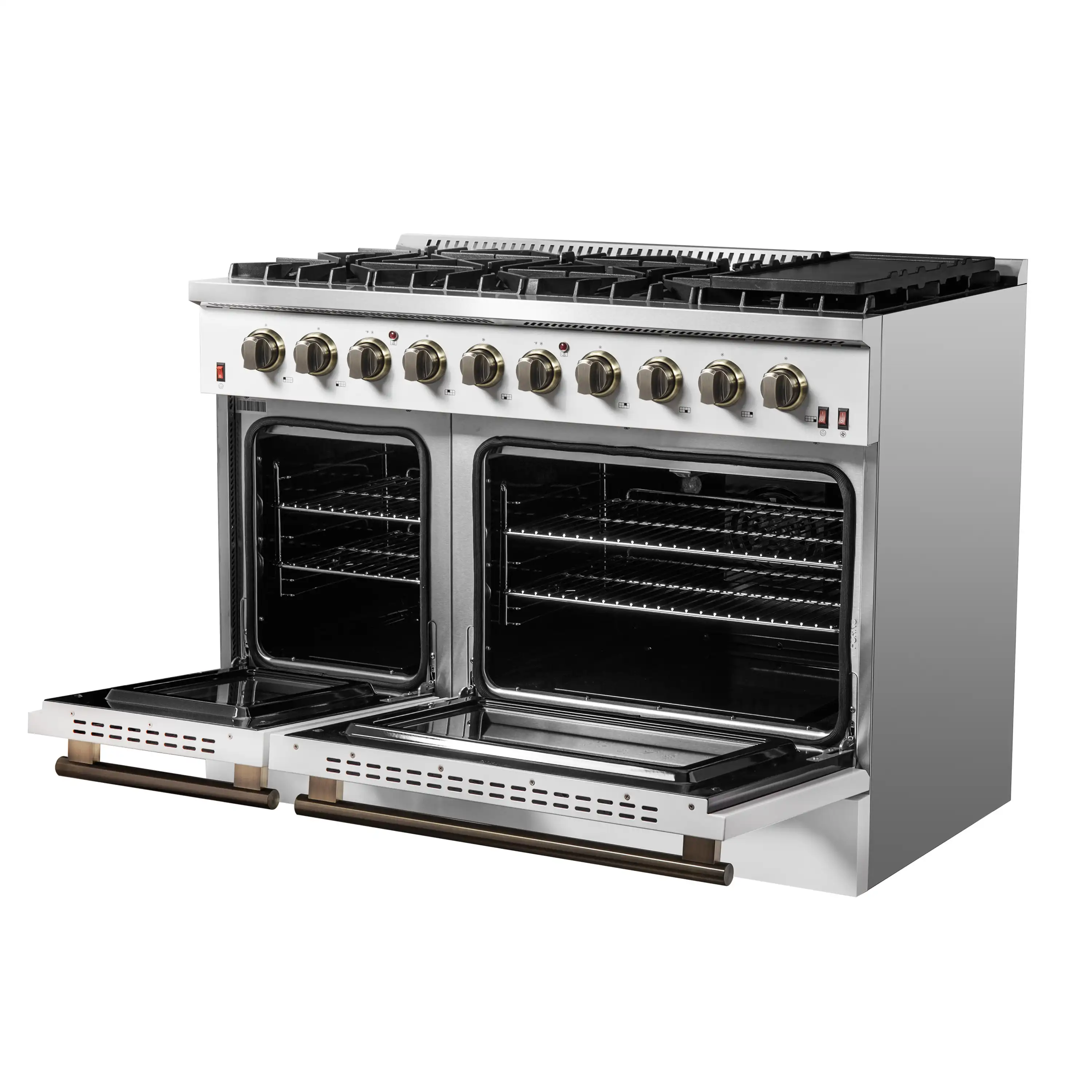 Forno 4-Piece Appliance Package - 48-Inch Gas Range, Wall Mount Range Hood, 60-Inch Built-In Convertible Refrigerator, and Dishwasher in White with Antique Brass Handle - Image 6