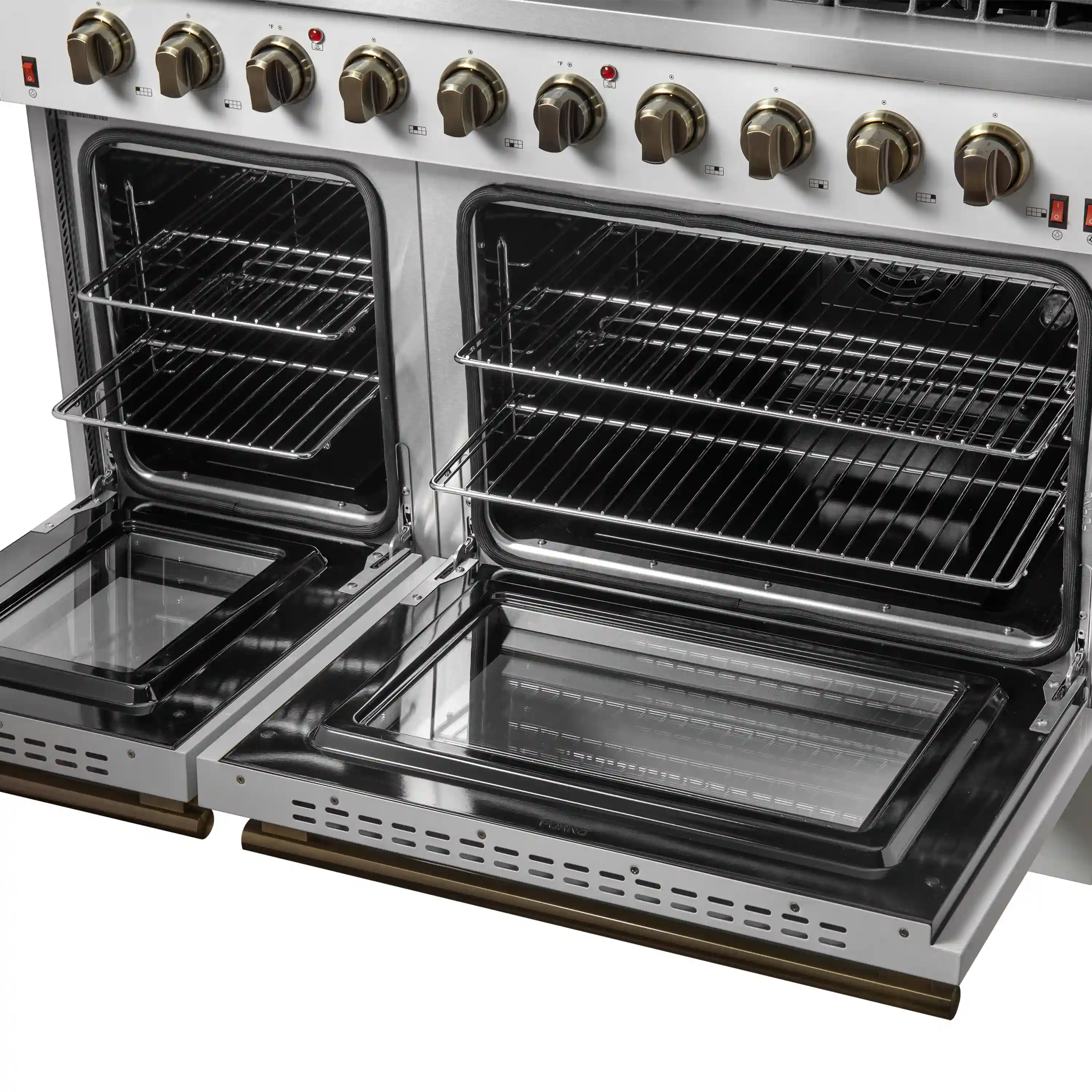 Forno 4-Piece Appliance Package - 48-Inch Gas Range, Wall Mount Range Hood, 60-Inch Built-In Convertible Refrigerator, and Dishwasher in White with Antique Brass Handle - Image 7