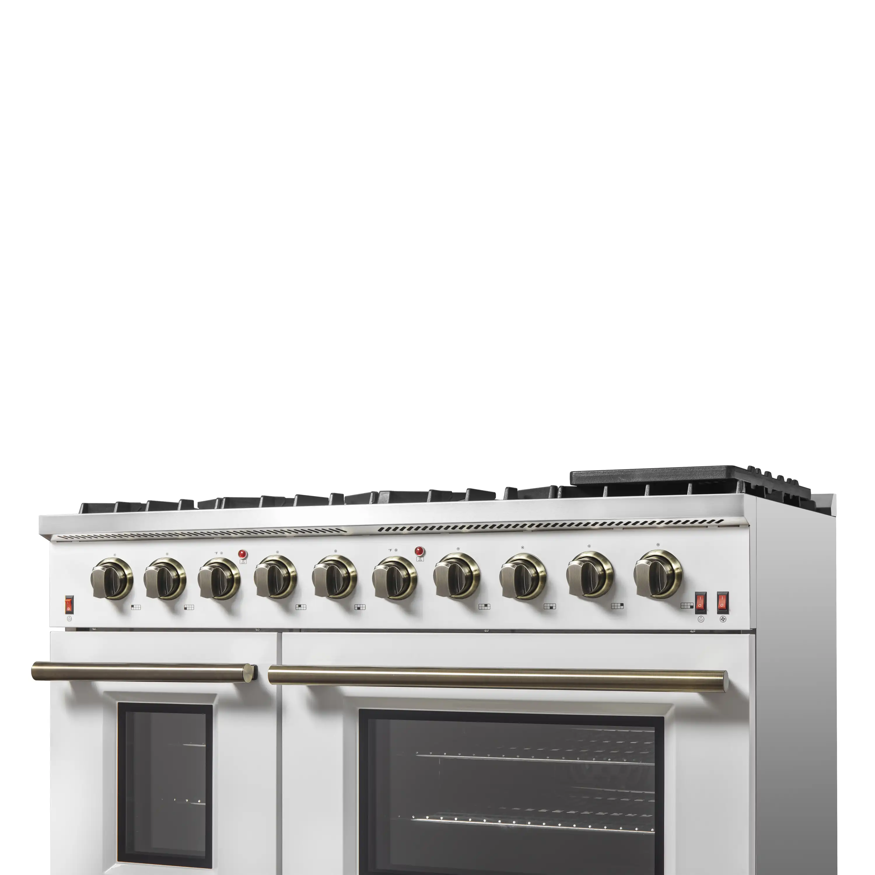 Forno 4-Piece Appliance Package - 48-Inch Gas Range, Wall Mount Range Hood, 36-Inch French Door Refrigerator, and Dishwasher in White with Antique Brass Handle - Image 9