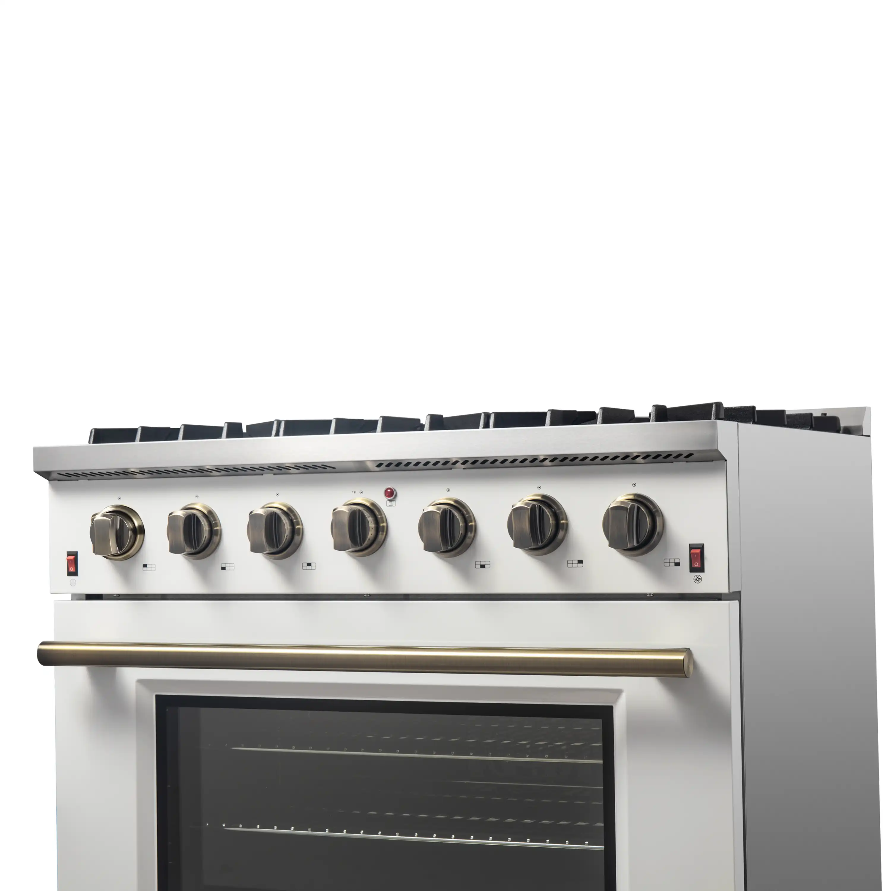 Forno 4-Piece Appliance Package - 36-Inch Gas Range, Wall Mount Range Hood, 60-Inch Built-In Convertible Refrigerator, and Dishwasher in White with Antique Brass Trim - Image 11