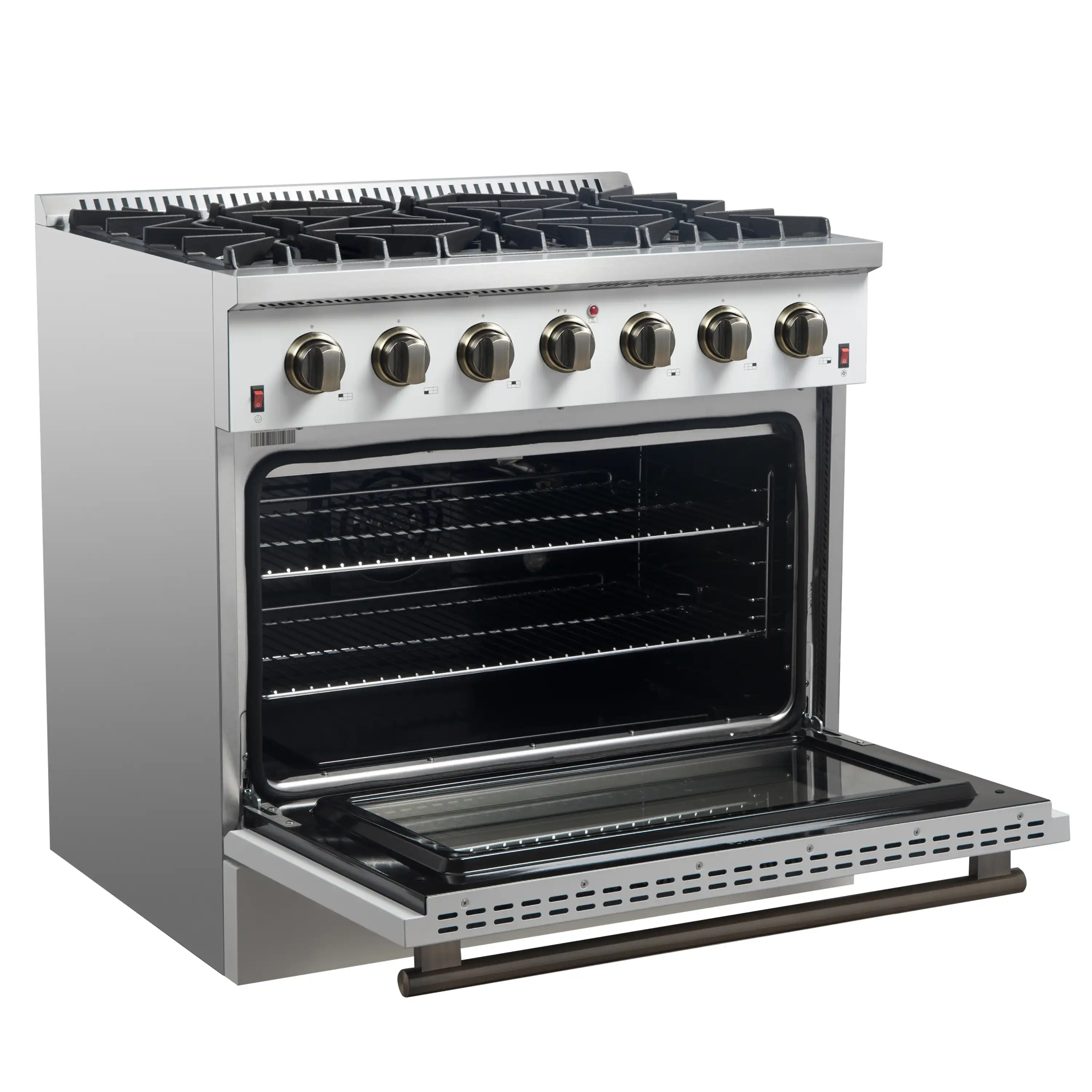 Forno 4-Piece Appliance Package - 36-Inch Gas Range, Wall Mount Range Hood, 60-Inch Built-In Convertible Refrigerator, and Dishwasher in White with Antique Brass Trim - Image 7