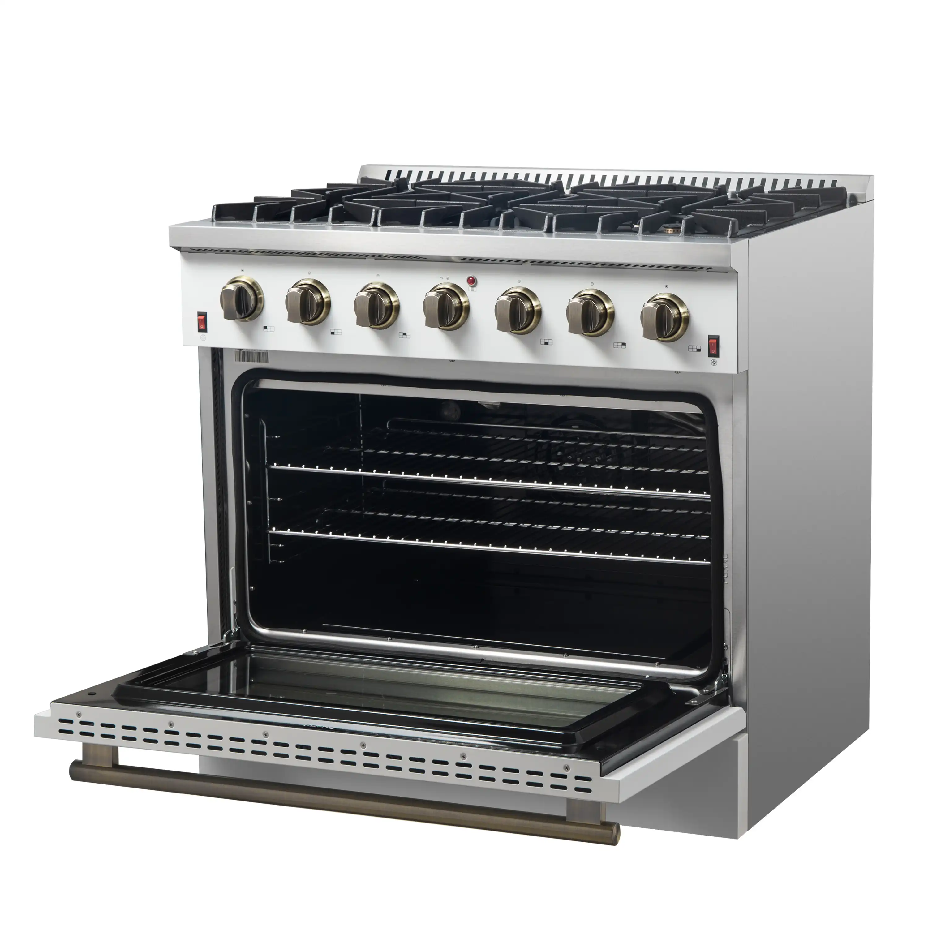 Forno 4-Piece Appliance Package - 36-Inch Gas Range, Wall Mount Range Hood, 60-Inch Built-In Convertible Refrigerator, and Dishwasher in White with Antique Brass Trim - Image 8