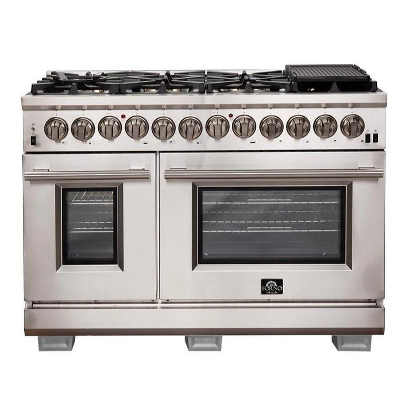 Forno 4-Piece Pro Appliance Package - 48-Inch Dual Fuel Range, Refrigerator with Water Dispenser, Wall Mount Hood with Backsplash, & 3-Rack Dishwasher in Stainless Steel - Image 2