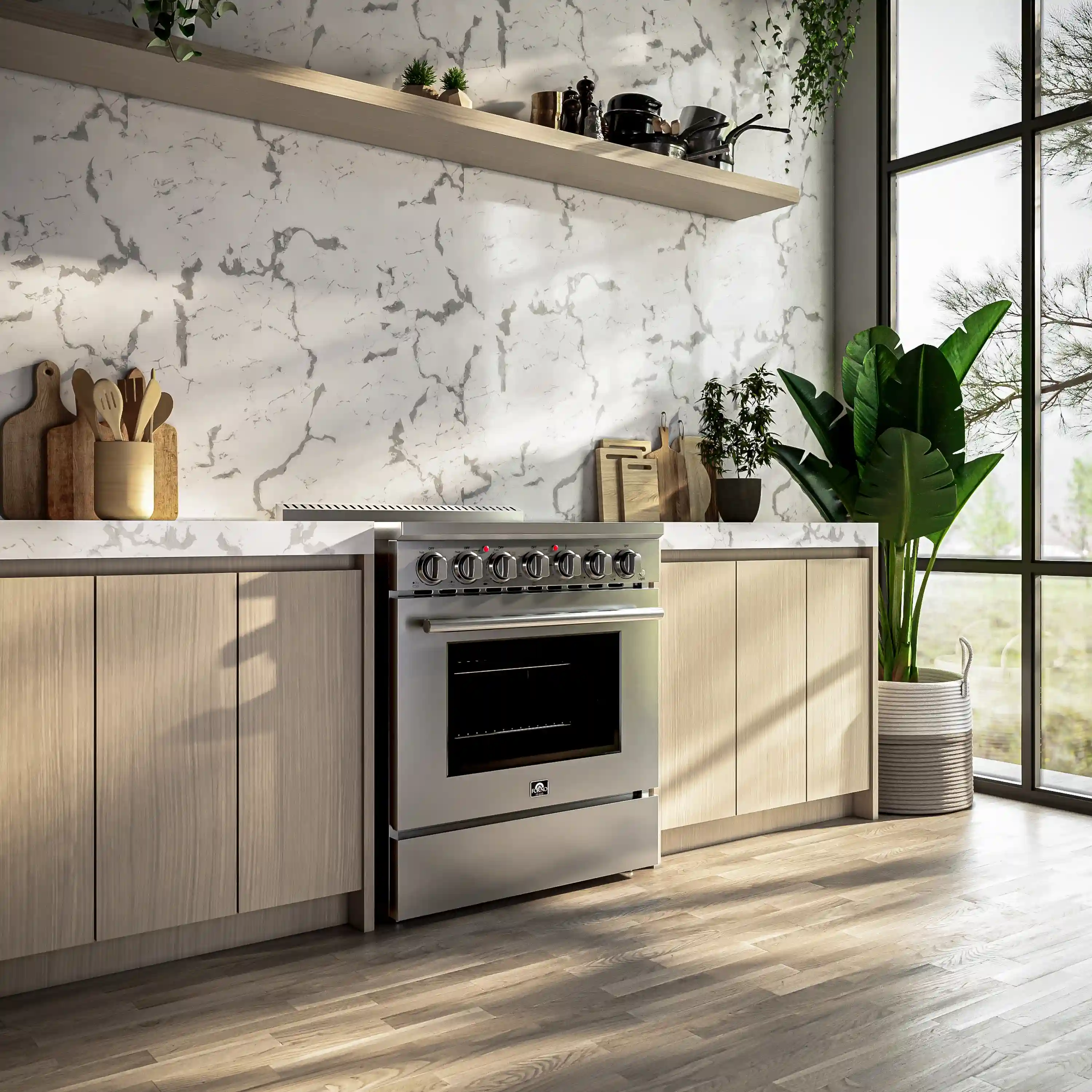 Forno 5-Piece Appliance Package - 30-Inch Electric Range, Wall Mount Range Hood, 36-Inch Refrigerator, Dishwasher, and 24-Inch Microwave Drawer in Stainless Steel - Image 3