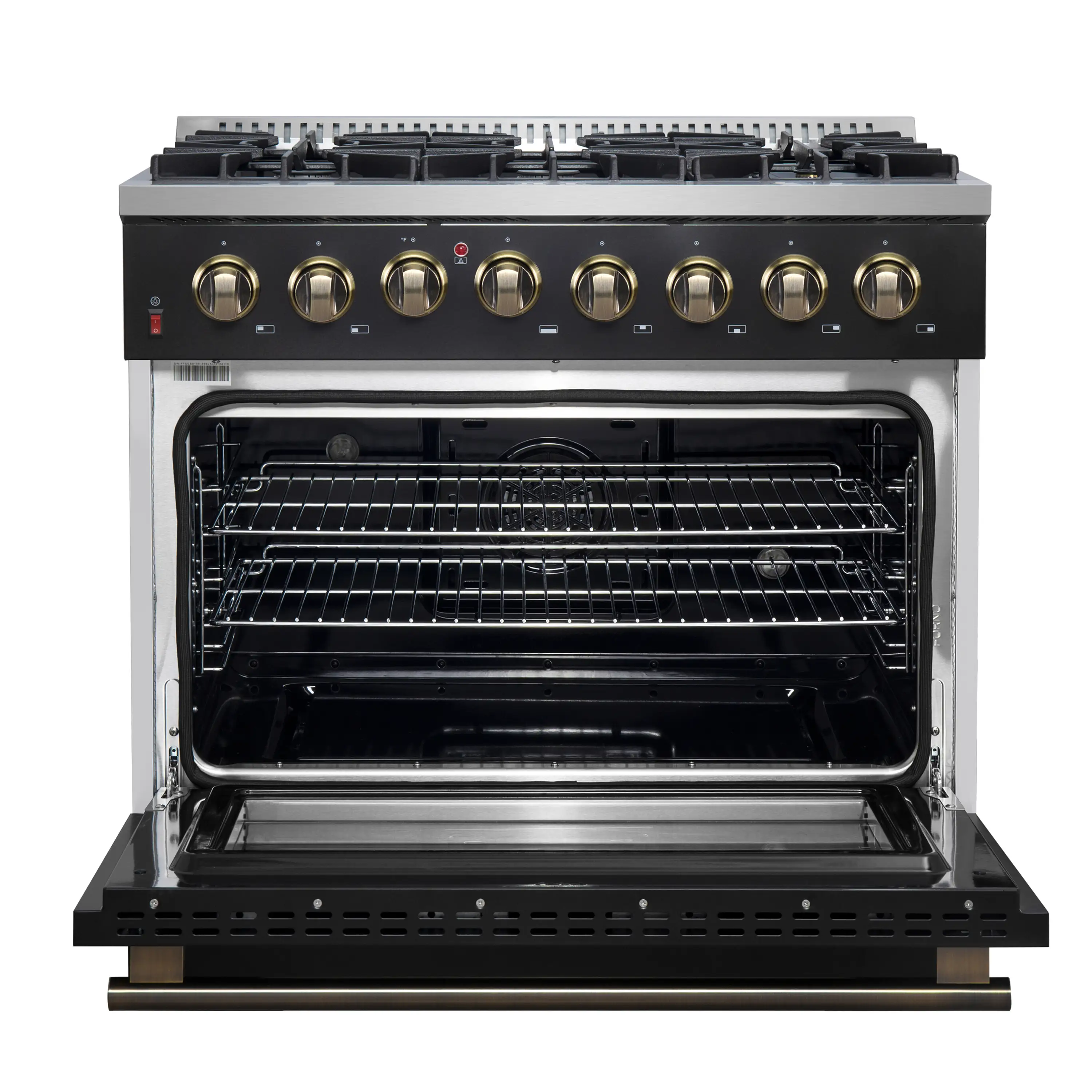 Forno 5-Piece Appliance Package - 36-Inch Dual Fuel Range, Wall Mount Range Hood, 60-Inch Refrigerator, Dishwasher, and 30-Inch Microwave Drawer in Black with Antique Brass Handle - Image 6