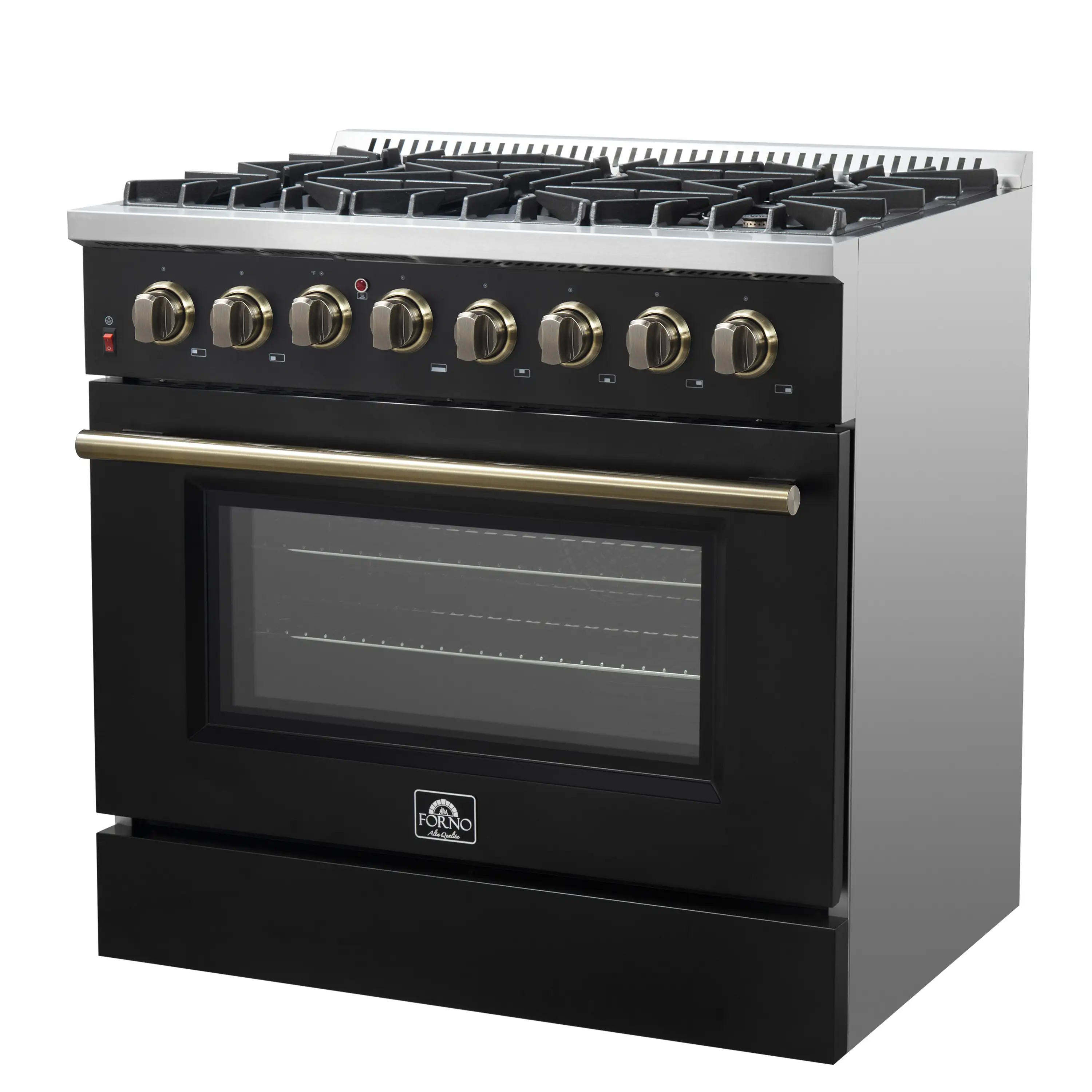Forno 5-Piece Appliance Package - 36-Inch Dual Fuel Range, Wall Mount Range Hood, 36-Inch Refrigerator, Dishwasher, and 30-Inch Microwave Drawer in Black with Antique Brass Handle - Image 5