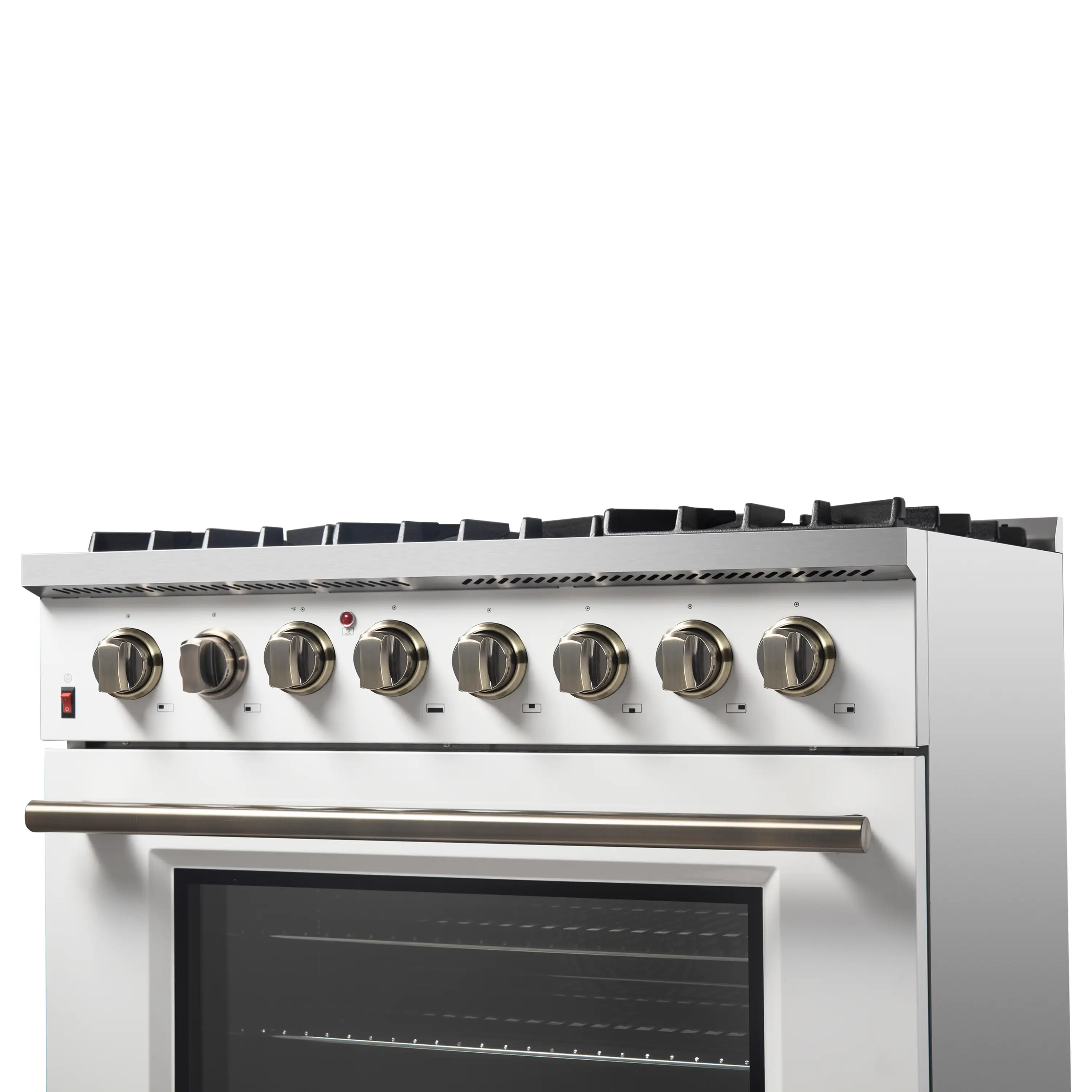 Forno 5-Piece Appliance Package - 36-Inch Dual Fuel Range, Wall Mount Range Hood, 36-Inch Refrigerator, Dishwasher, and 30-Inch Microwave Drawer in White with Antique Brass Handle - Image 13