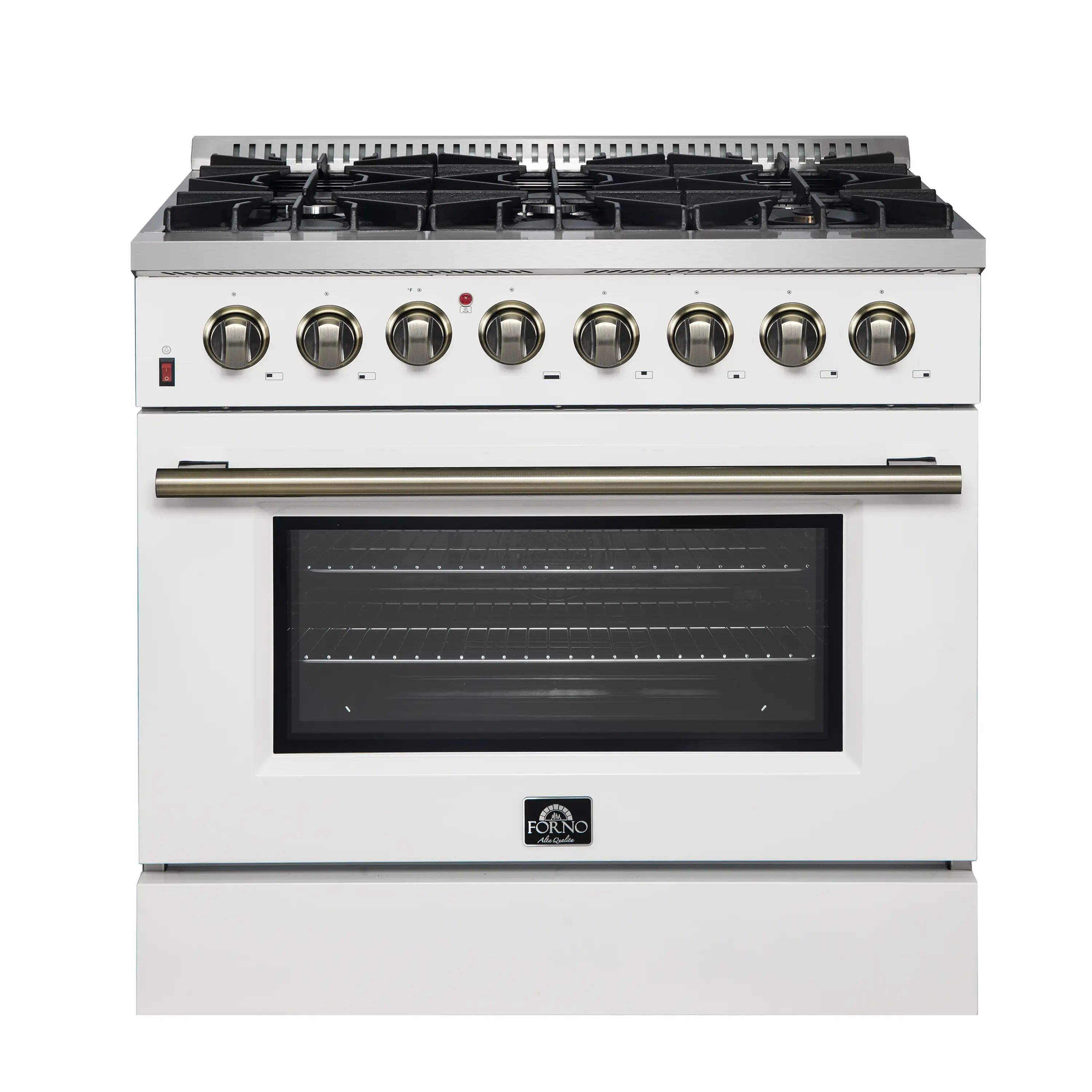 Forno 5-Piece Appliance Package - 36-Inch Dual Fuel Range, Wall Mount Range Hood, 36-Inch Refrigerator, Dishwasher, and 30-Inch Microwave Drawer in White with Antique Brass Handle - Image 2