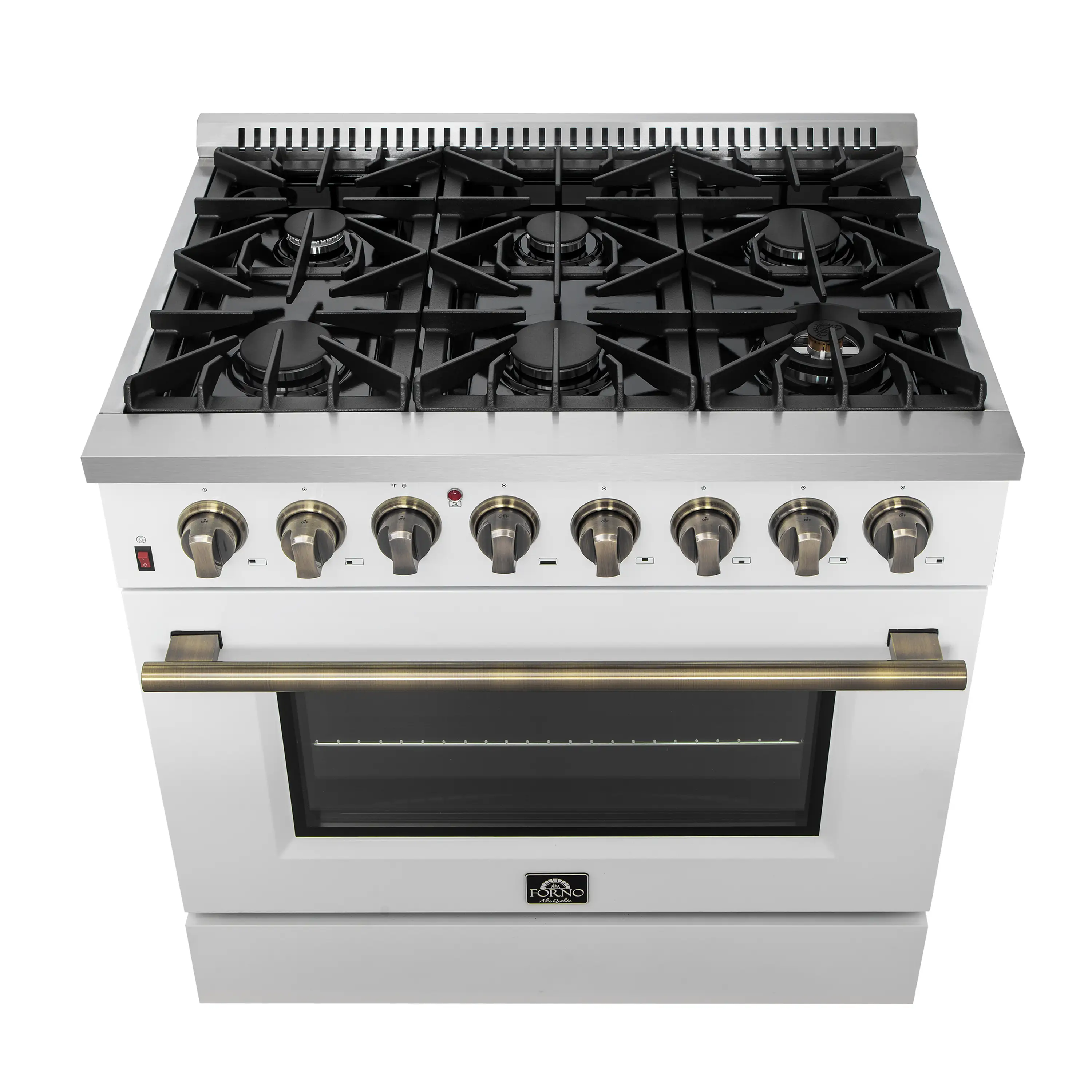 Forno 5-Piece Appliance Package - 36-Inch Dual Fuel Range, Wall Mount Range Hood, 36-Inch Refrigerator, Dishwasher, and 30-Inch Microwave Drawer in White with Antique Brass Handle - Image 3