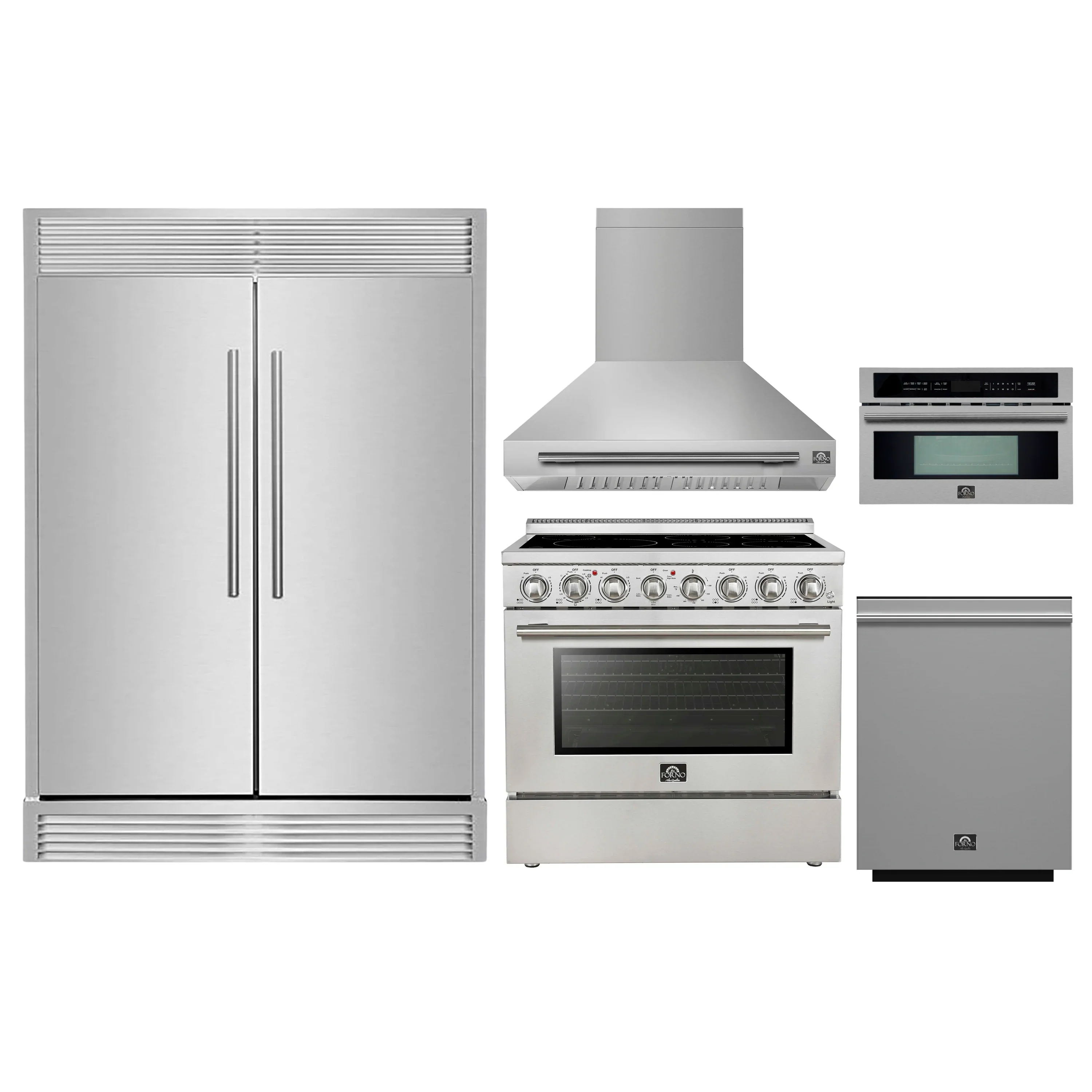 Forno 5-Piece Appliance Package - 36-Inch Electric Range, Wall Mount Range Hood, 60-Inch Refrigerator, Dishwasher, and 30-Inch Microwave Oven in Stainless Steel - Image 2