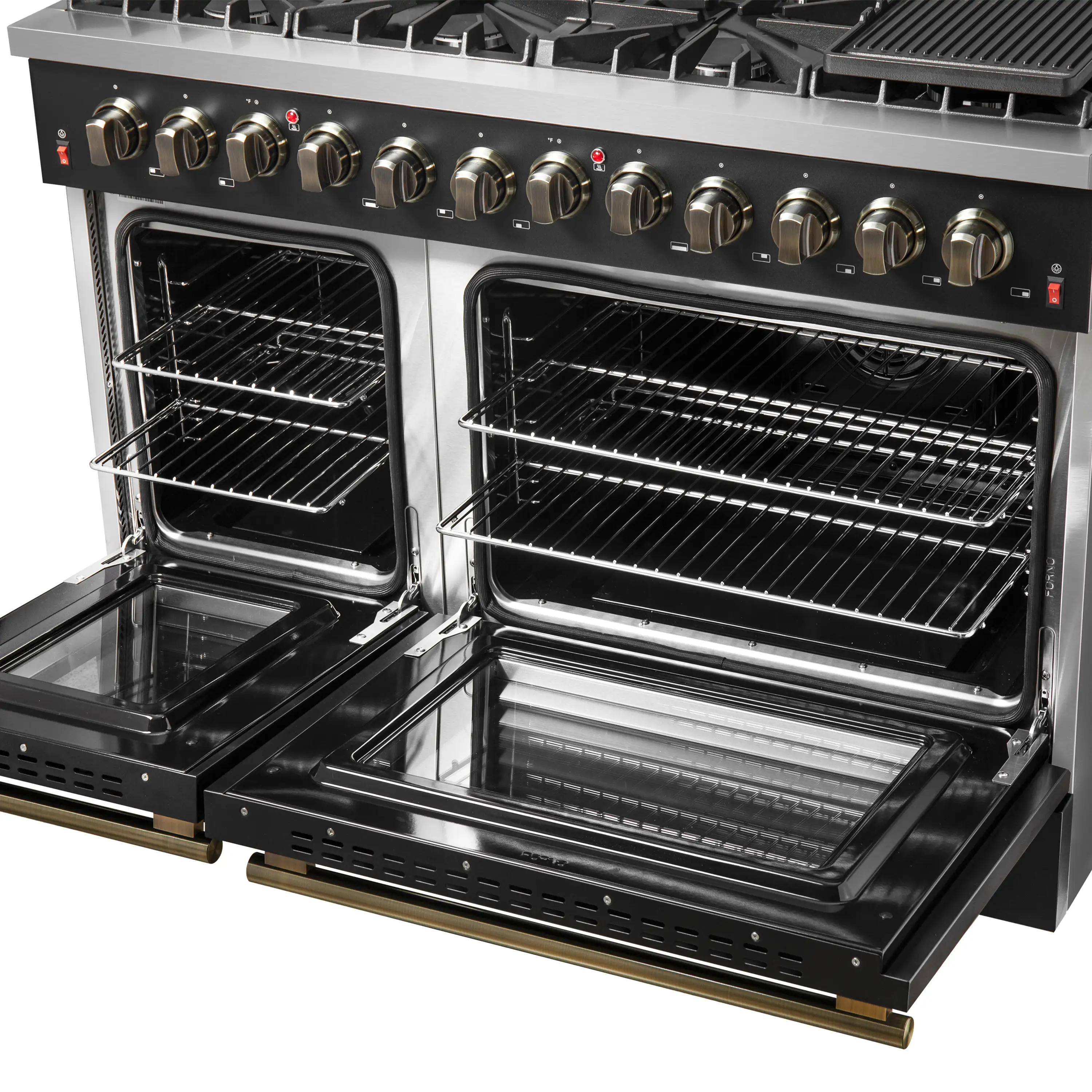 Forno 5-Piece Appliance Package - 48-Inch Dual Fuel Range, Wall Mount Range Hood, 36-Inch Refrigerator, Dishwasher, and 30-Inch Microwave Drawer in Black with Antique Brass Handle - Image 9