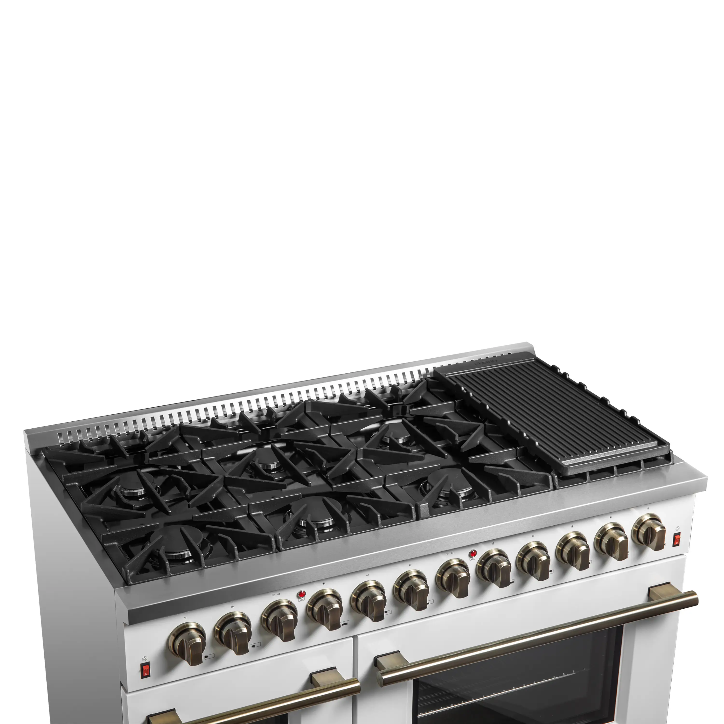 Forno 5-Piece Appliance Package - 48-Inch Dual Fuel Range, Wall Mount Range Hood, 60-Inch Refrigerator, Dishwasher, and 30-Inch Microwave Drawer in White with Antique Brass Handle - Image 10