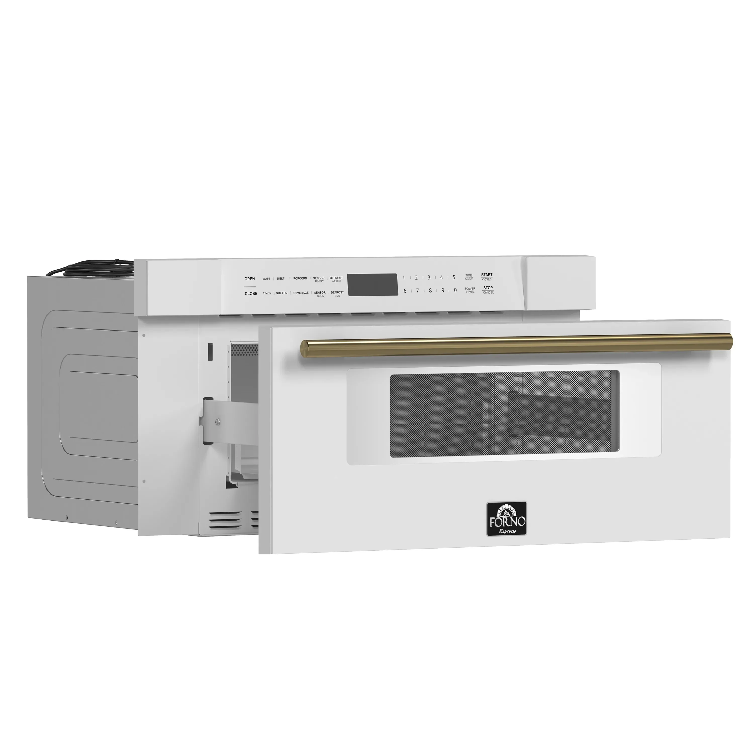 Forno 5-Piece Appliance Package - 48-Inch Dual Fuel Range, Wall Mount Range Hood, 60-Inch Refrigerator, Dishwasher, and 30-Inch Microwave Drawer in White with Antique Brass Handle - Image 42