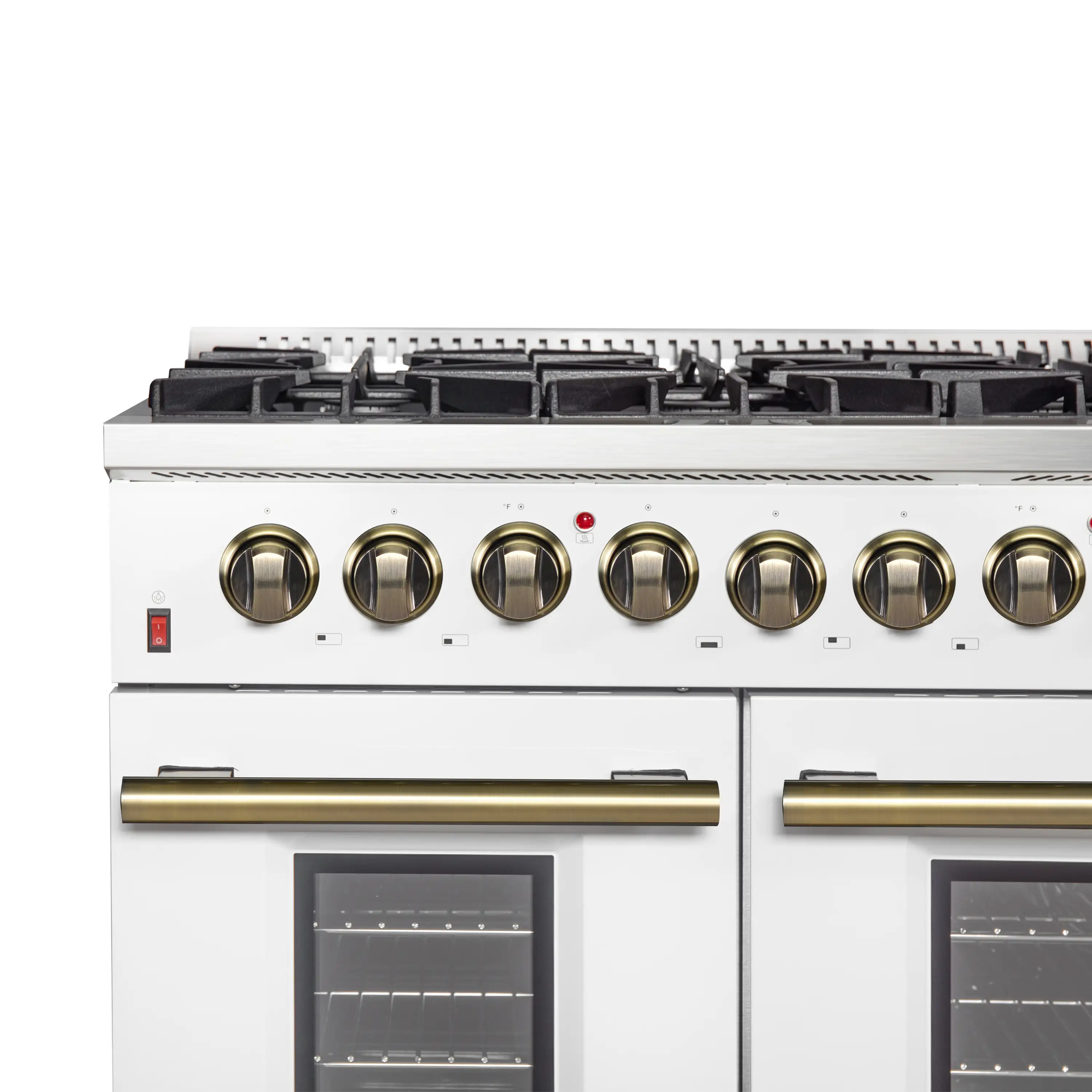 Forno 5-Piece Appliance Package - 48-Inch Dual Fuel Range, Wall Mount Range Hood, 60-Inch Refrigerator, Dishwasher, and 30-Inch Microwave Drawer in White with Antique Brass Handle - Image 8