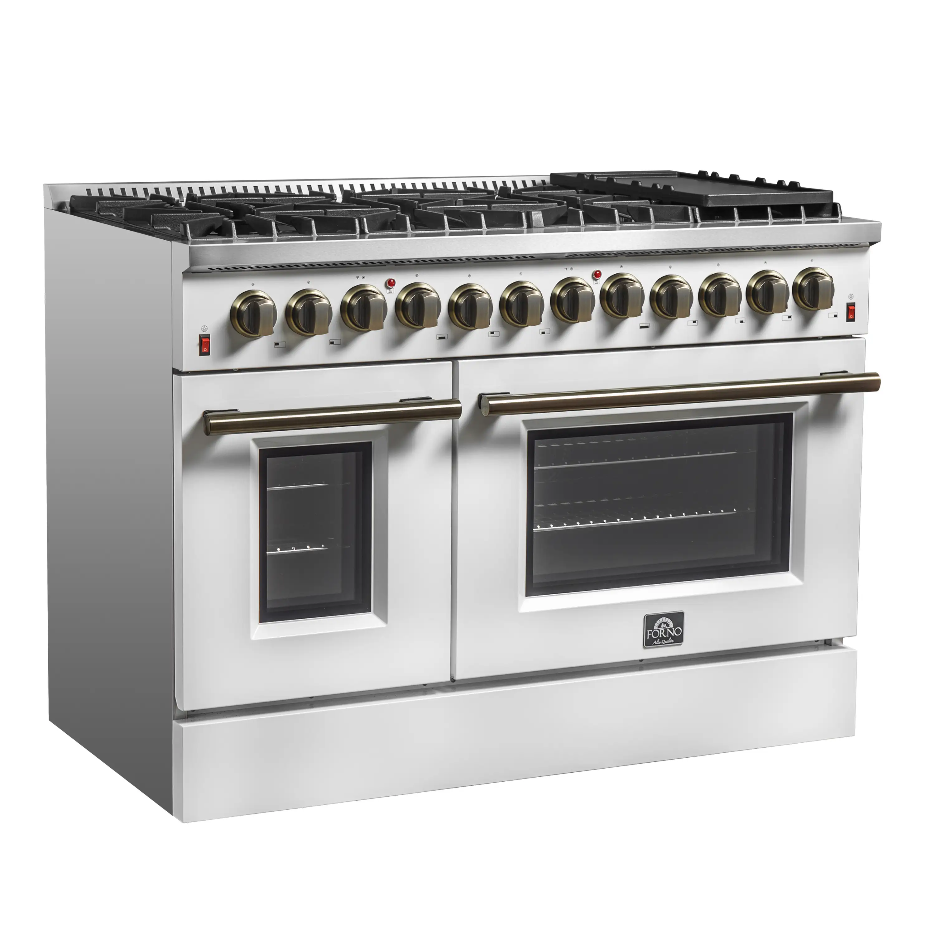 Forno 5-Piece Appliance Package - 48-Inch Dual Fuel Range, Wall Mount Range Hood, 36-Inch Refrigerator, Dishwasher, and 30-Inch Microwave Drawer in White with Antique Brass Handle - Image 4
