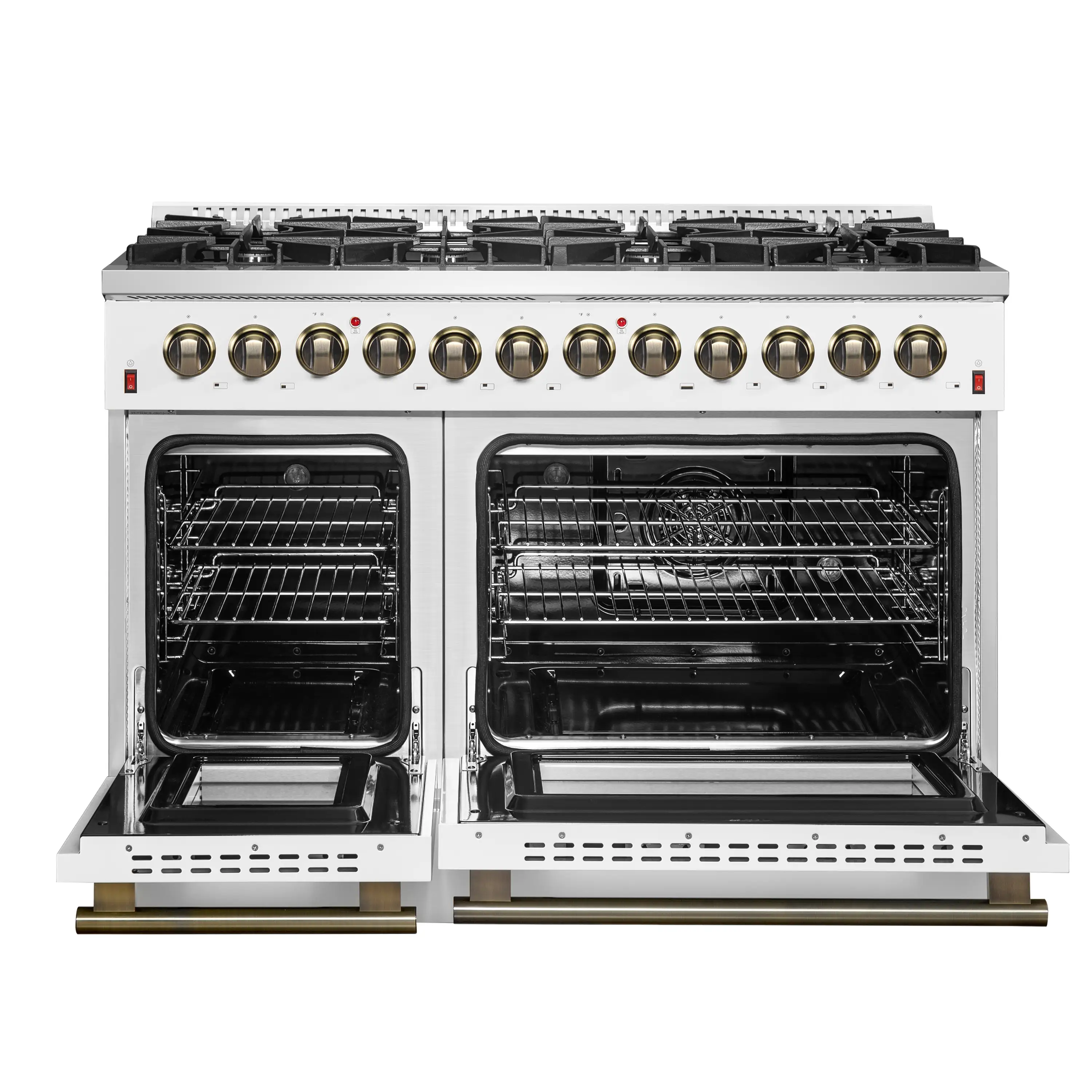 Forno 5-Piece Appliance Package - 48-Inch Dual Fuel Range, Wall Mount Range Hood, 36-Inch Refrigerator, Dishwasher, and 30-Inch Microwave Drawer in White with Antique Brass Handle - Image 6