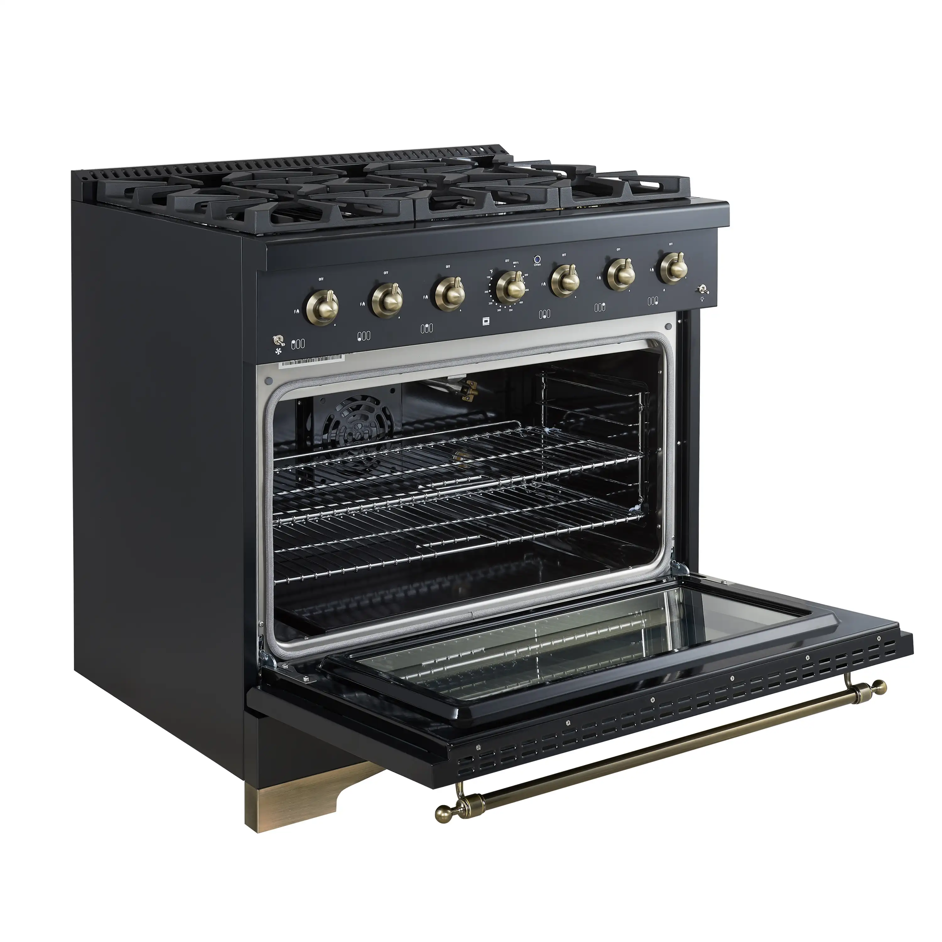 Forno 5-Piece Appliance Package - 36-Inch Dual Fuel Range, Wall Mount Range Hood, 60-Inch Convertible Refrigerator with Modern Grille Trim, Dishwasher, and 24-Inch Microwave Drawer in Black with Antique Brass Handle - Image 7