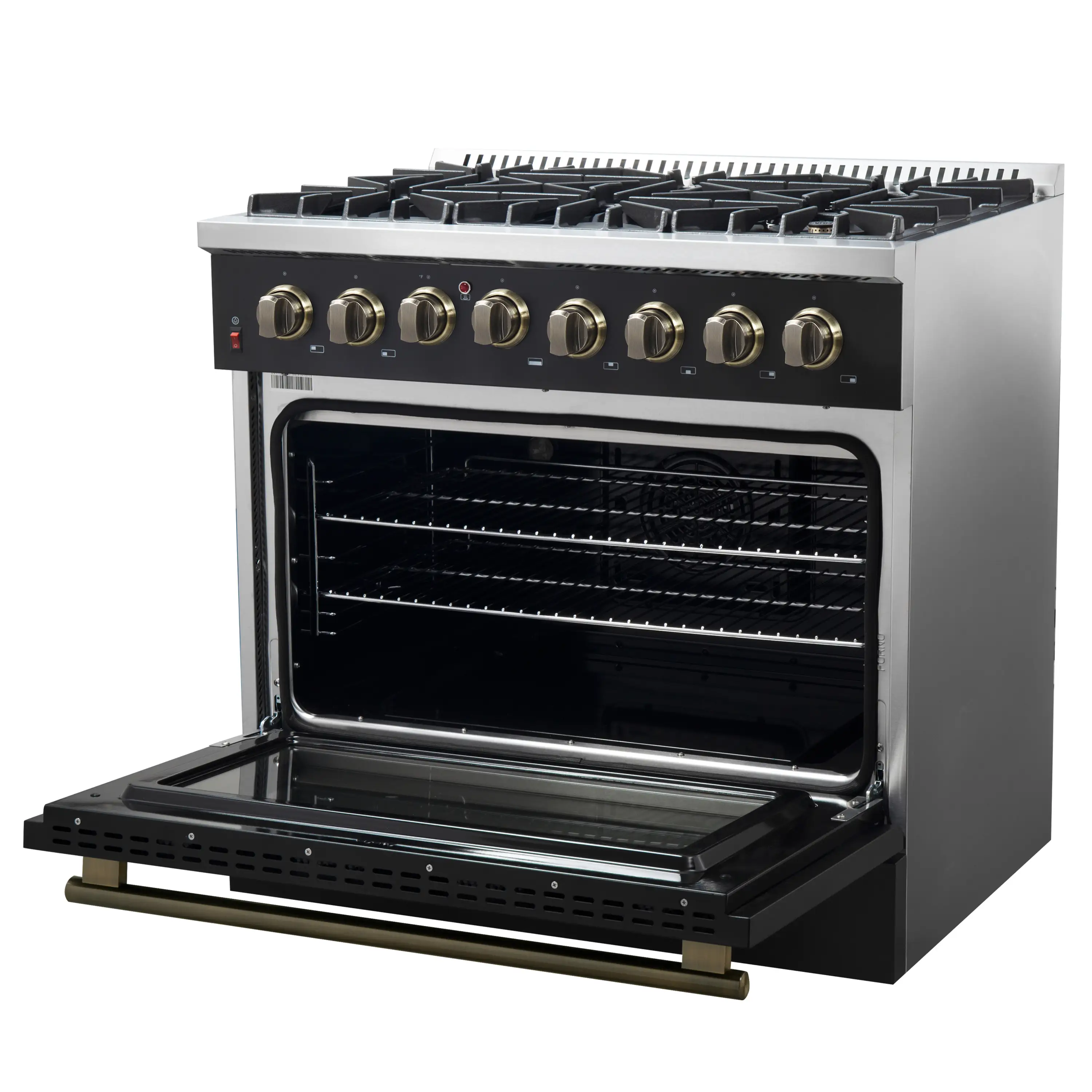 Forno 5-Piece Appliance Package - 36-Inch Dual Fuel Range, Wall Mount Range Hood, 60-Inch Convertible Refrigerator with Modern Trim, Dishwasher, and 24-Inch Microwave Drawer in Black with Antique Brass Handle - Image 8
