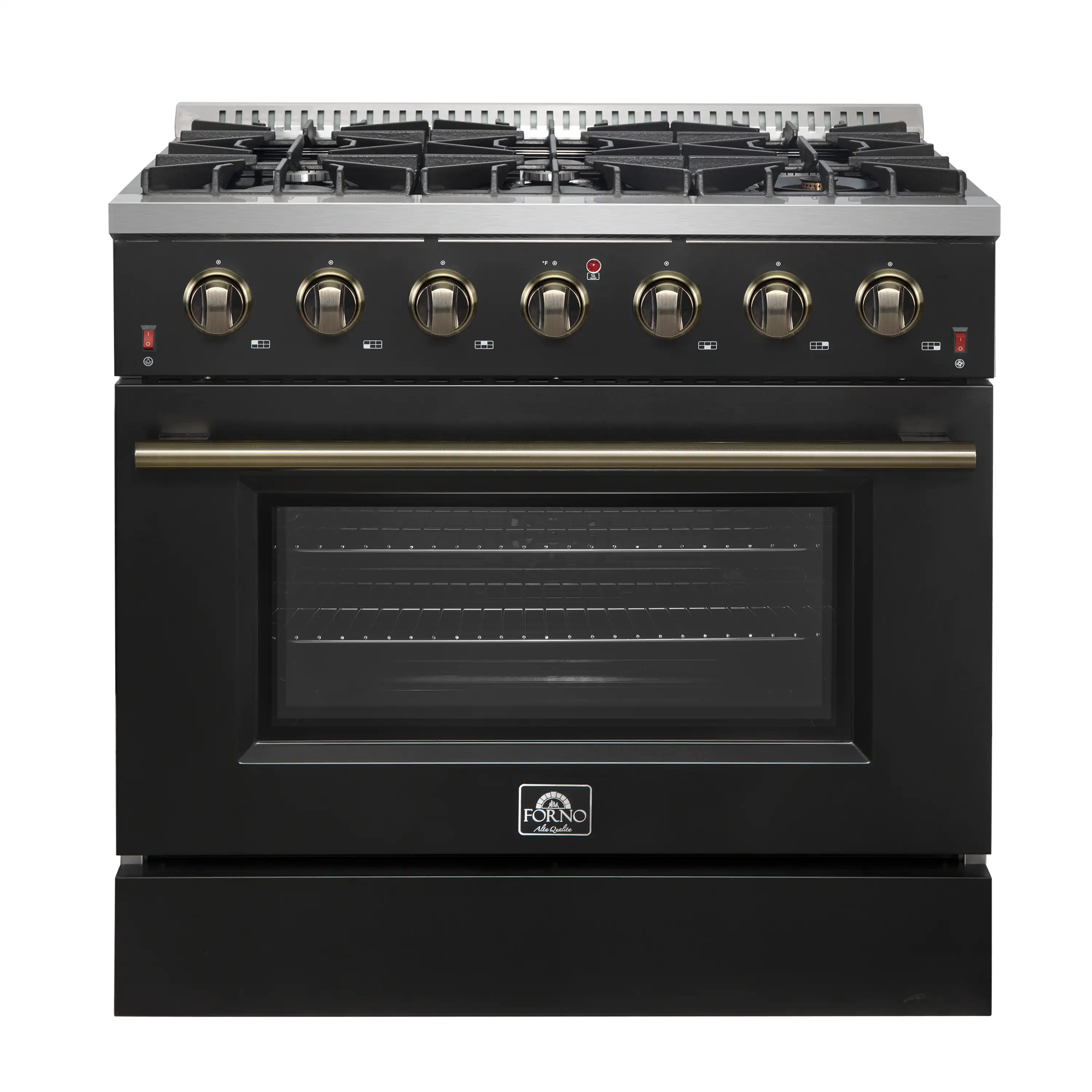 Forno 5-Piece Appliance Package - 36-Inch Gas Range, Wall Mount Range Hood, 60-Inch Convertible Refrigerator with Modern Trim, Dishwasher, and 30-Inch Microwave Drawer in Black with Antique Brass Handle - Image 2