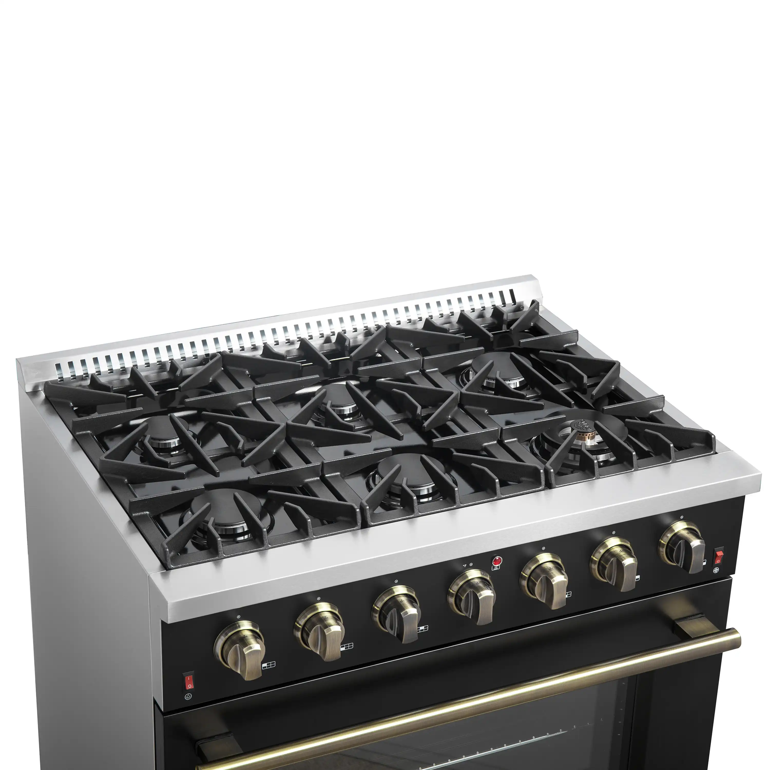Forno 5-Piece Appliance Package - 36-Inch Gas Range, Wall Mount Range Hood, 60-Inch Convertible Refrigerator with Modern Trim, Dishwasher, and 30-Inch Microwave Oven in Black with Antique Brass Handle - Image 9