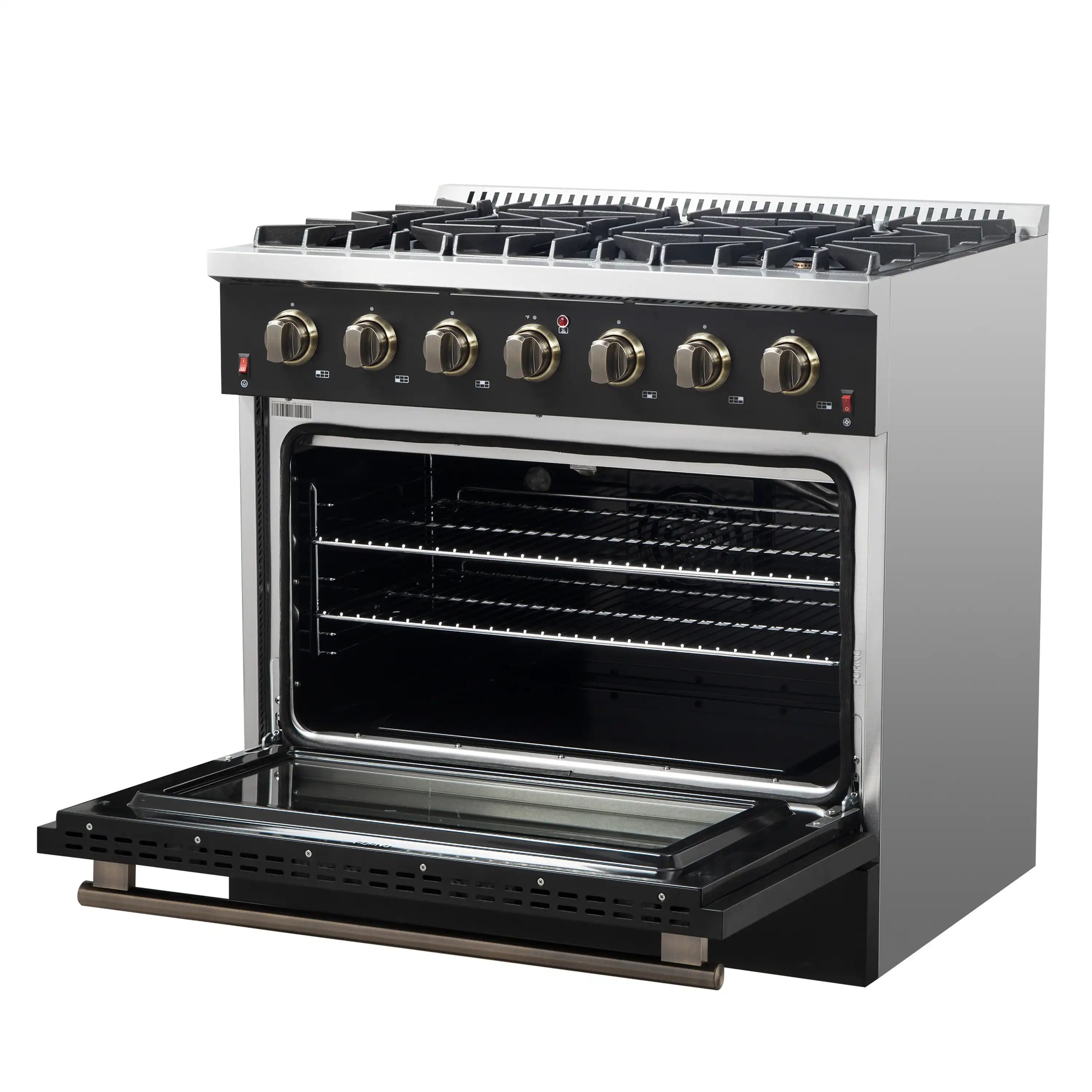 Forno 5-Piece Appliance Package - 36-Inch Gas Range, Wall Mount Range Hood, 60-Inch Convertible Refrigerator with Modern Trim, Dishwasher, and 24-Inch Microwave Drawer in Black with Antique Brass Handle - Image 8