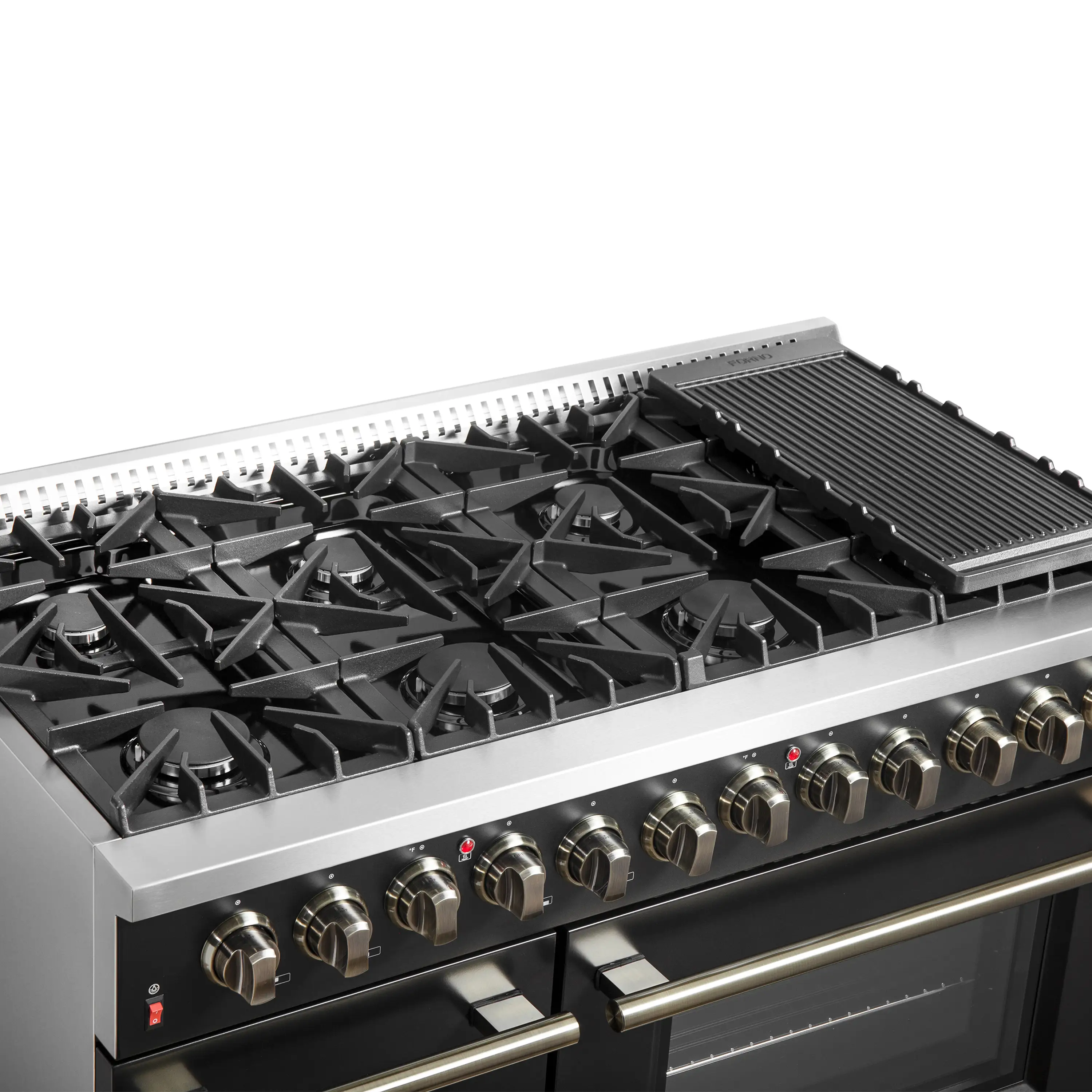 Forno 5-Piece Appliance Package - 48-Inch Dual Fuel Range, 60-Inch Convertible Refrigerator with Modern Trim, Dishwasher, and 30-Inch Microwave Drawer in Black with Antique Brass Handle - Image 11