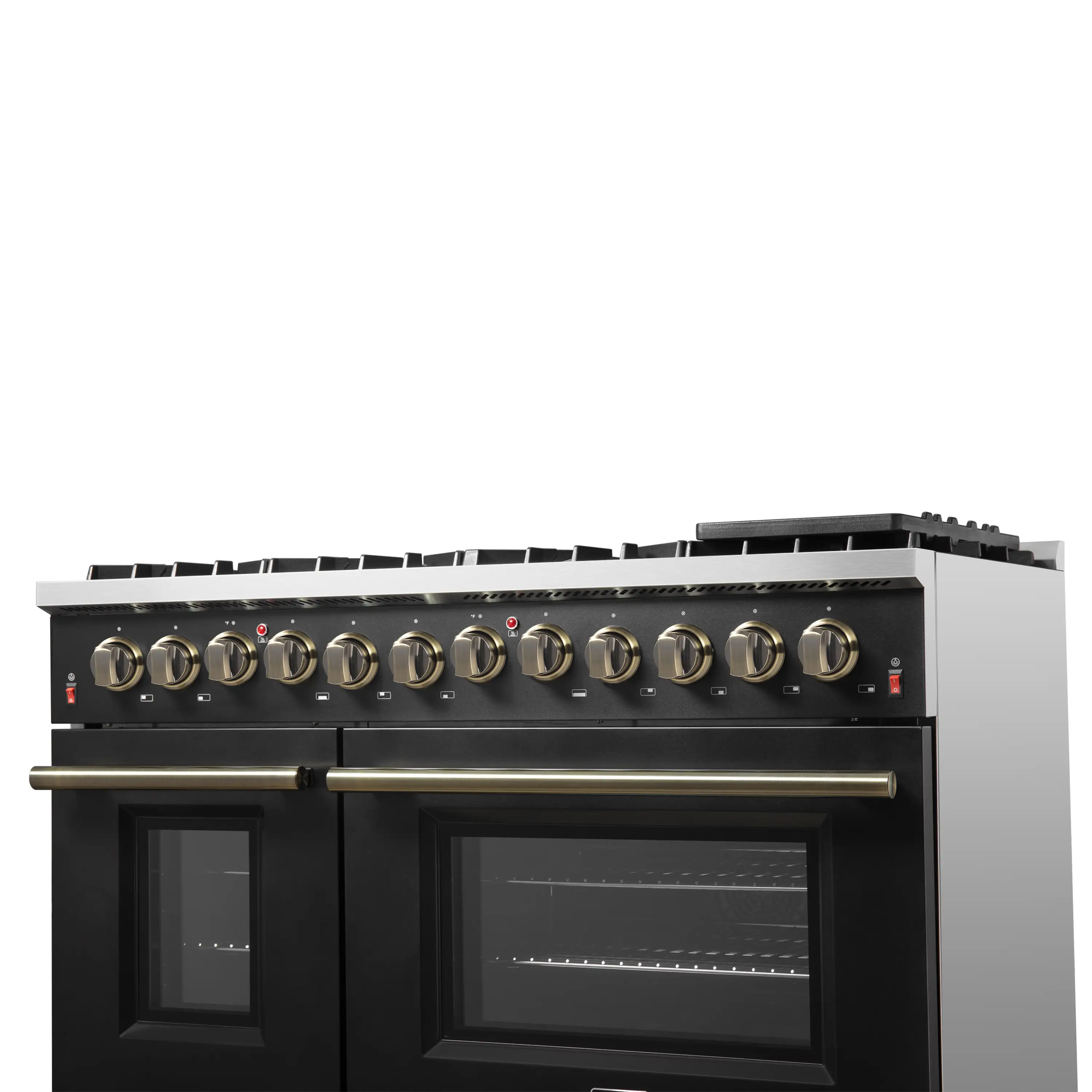 Forno 5-Piece Appliance Package - 48-Inch Dual Fuel Range, 60-Inch Convertible Refrigerator with Modern Trim, Dishwasher, and 30-Inch Microwave Drawer in Black with Antique Brass Handle - Image 14