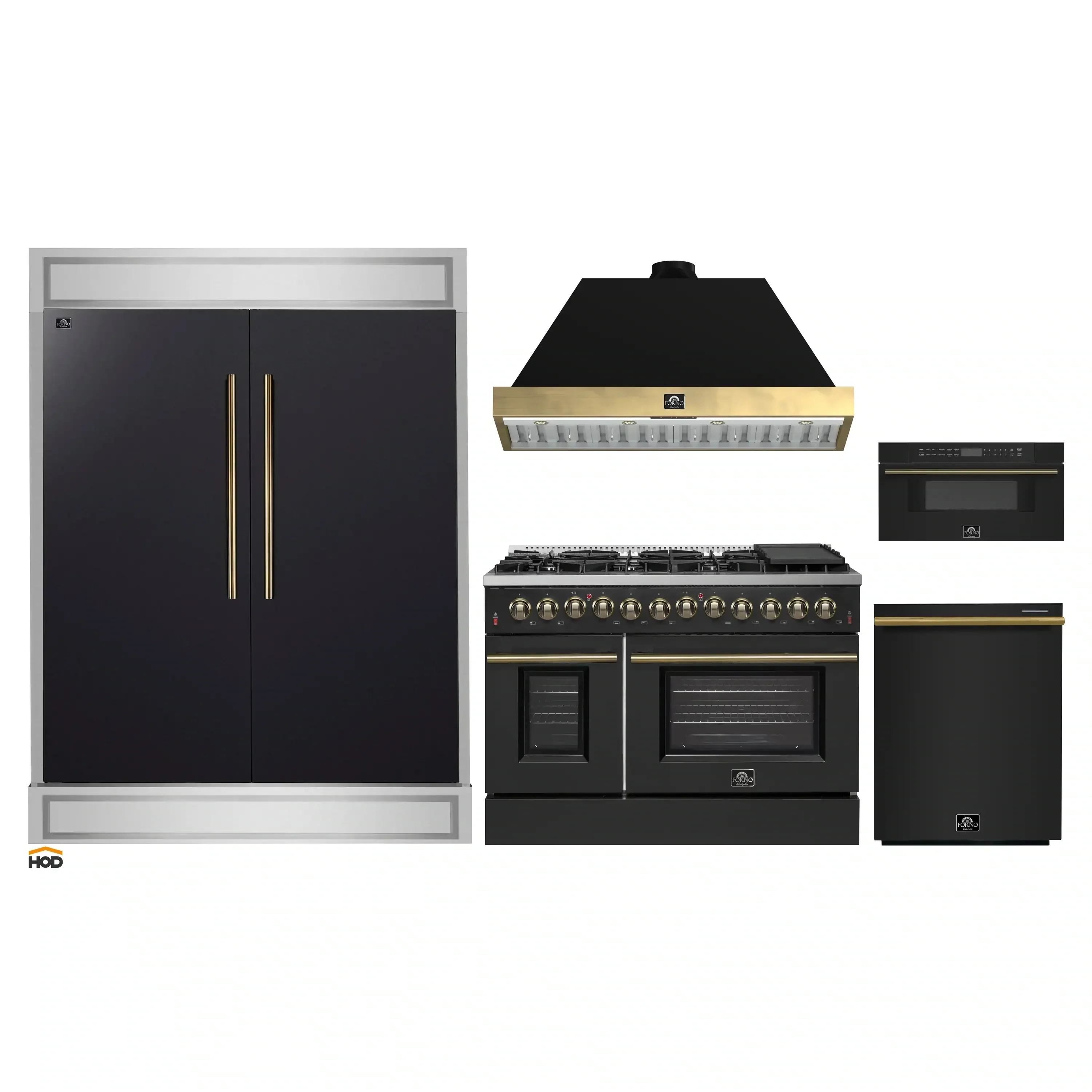 Forno 5-Piece Appliance Package - 48-Inch Dual Fuel Range, 60-Inch Convertible Refrigerator with Modern Trim, Dishwasher, and 30-Inch Microwave Drawer in Black with Antique Brass Handle - Image 3
