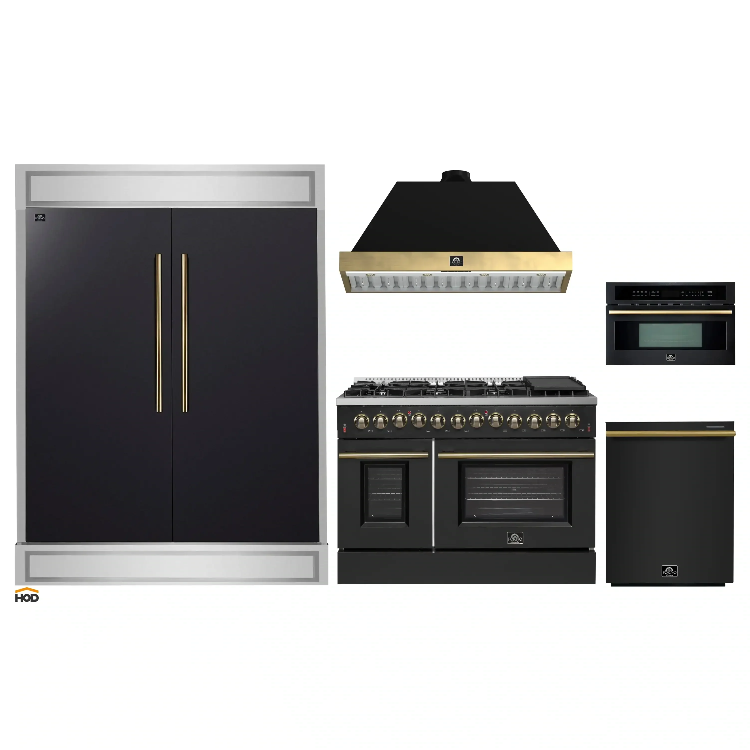 Forno 5-Piece Appliance Package - 48-Inch Dual Fuel Range, 60-Inch Convertible Refrigerator with Modern Trim, Dishwasher, and 30-Inch Microwave Oven in Black with Antique Brass Handle - Image 58