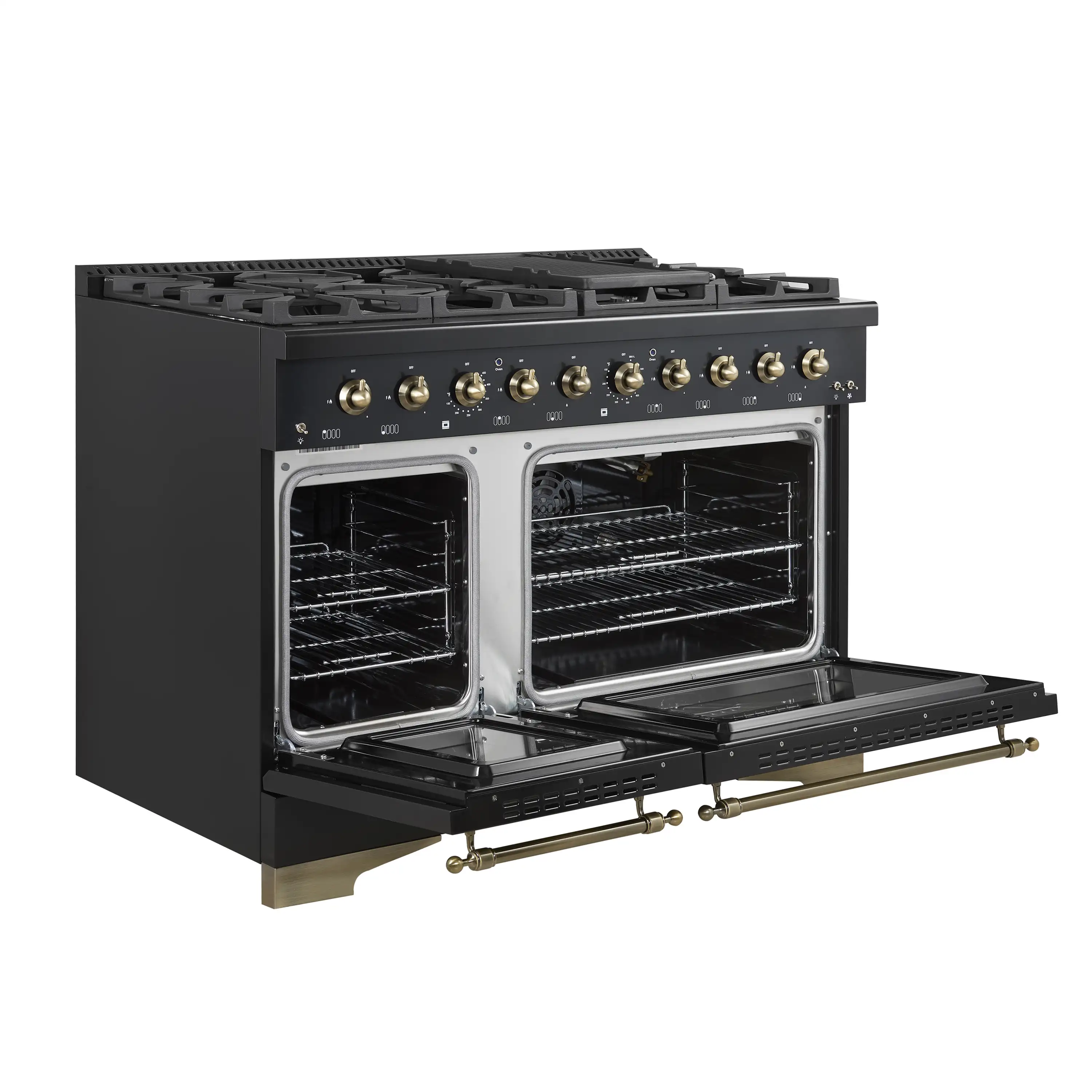 Forno 5-Piece Appliance Package - 48-Inch Dual Fuel Range, 60-Inch Convertible Refrigerator with Modern Trim, Dishwasher, and 24-Inch Microwave Drawer in Black with Antique Brass Handle - Image 7