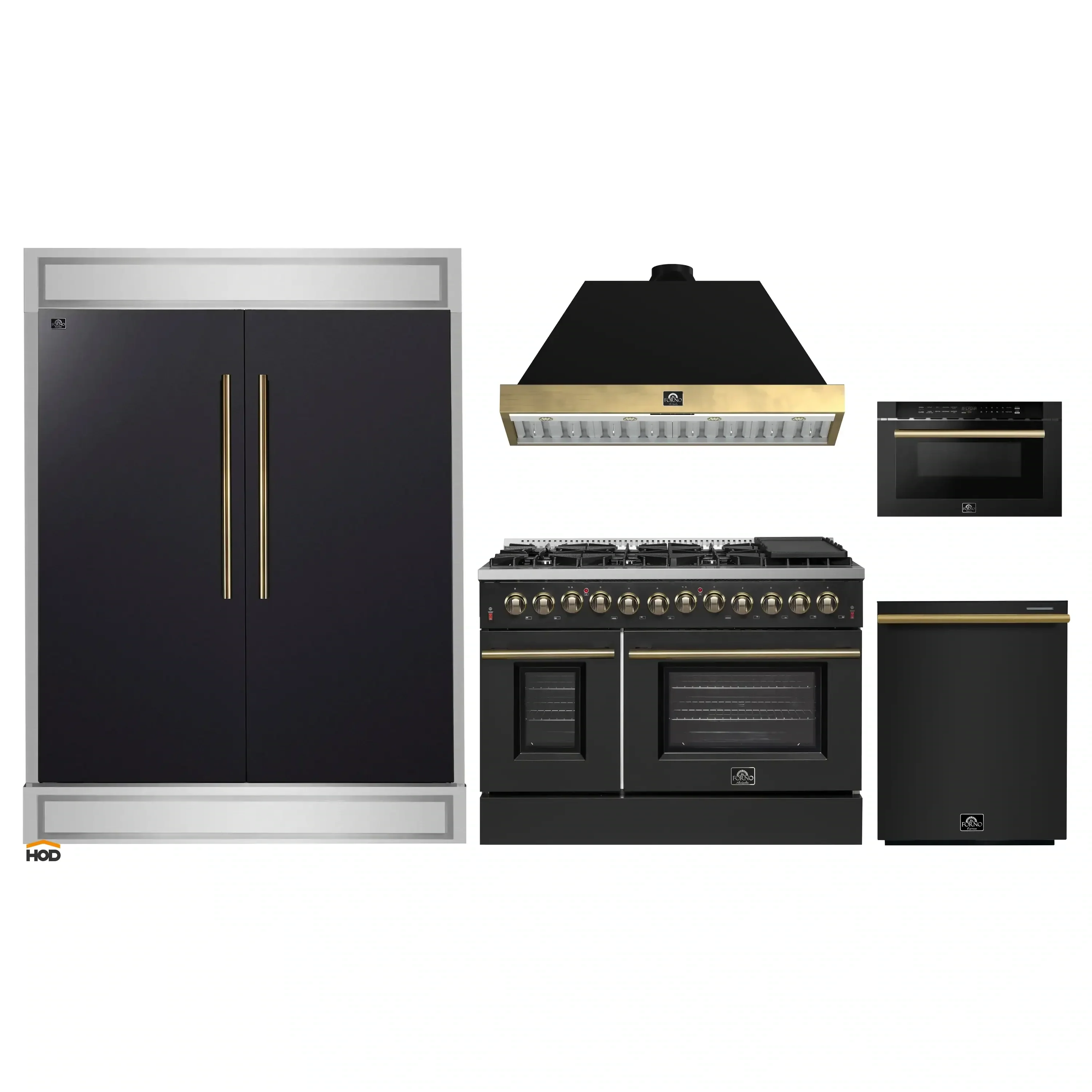 Forno 5-Piece Appliance Package - 48-Inch Dual Fuel Range, 60-Inch Convertible Refrigerator with Modern Trim, Dishwasher, and 24-Inch Microwave Drawer in Black with Antique Brass Handle - Image 4
