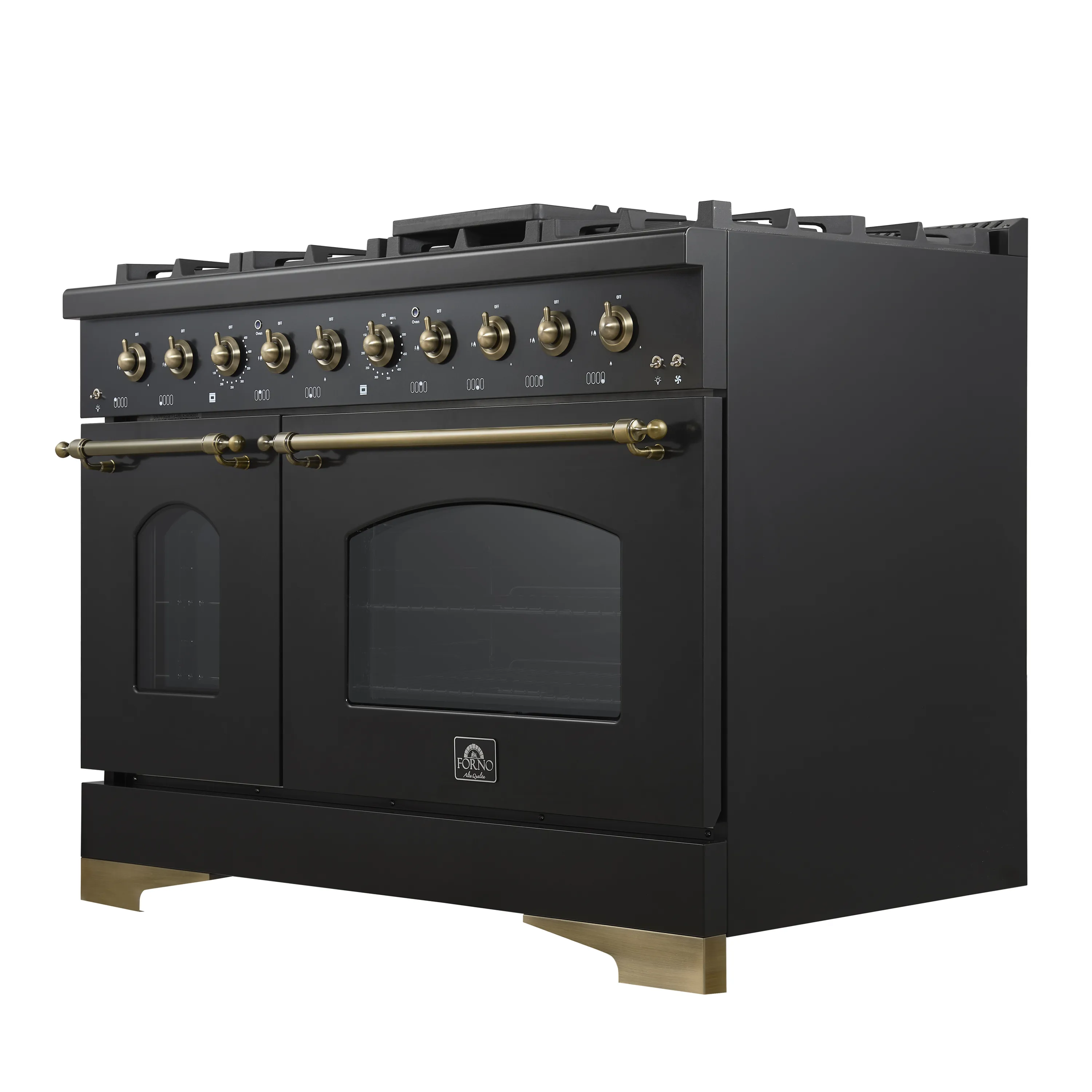 Forno 5-Piece Appliance Package - 48-Inch Dual Fuel Range, 60-Inch Convertible Refrigerator with Modern Grille Trim, Dishwasher, and 24-Inch Microwave Oven in Black with Antique Brass Handle - Image 11
