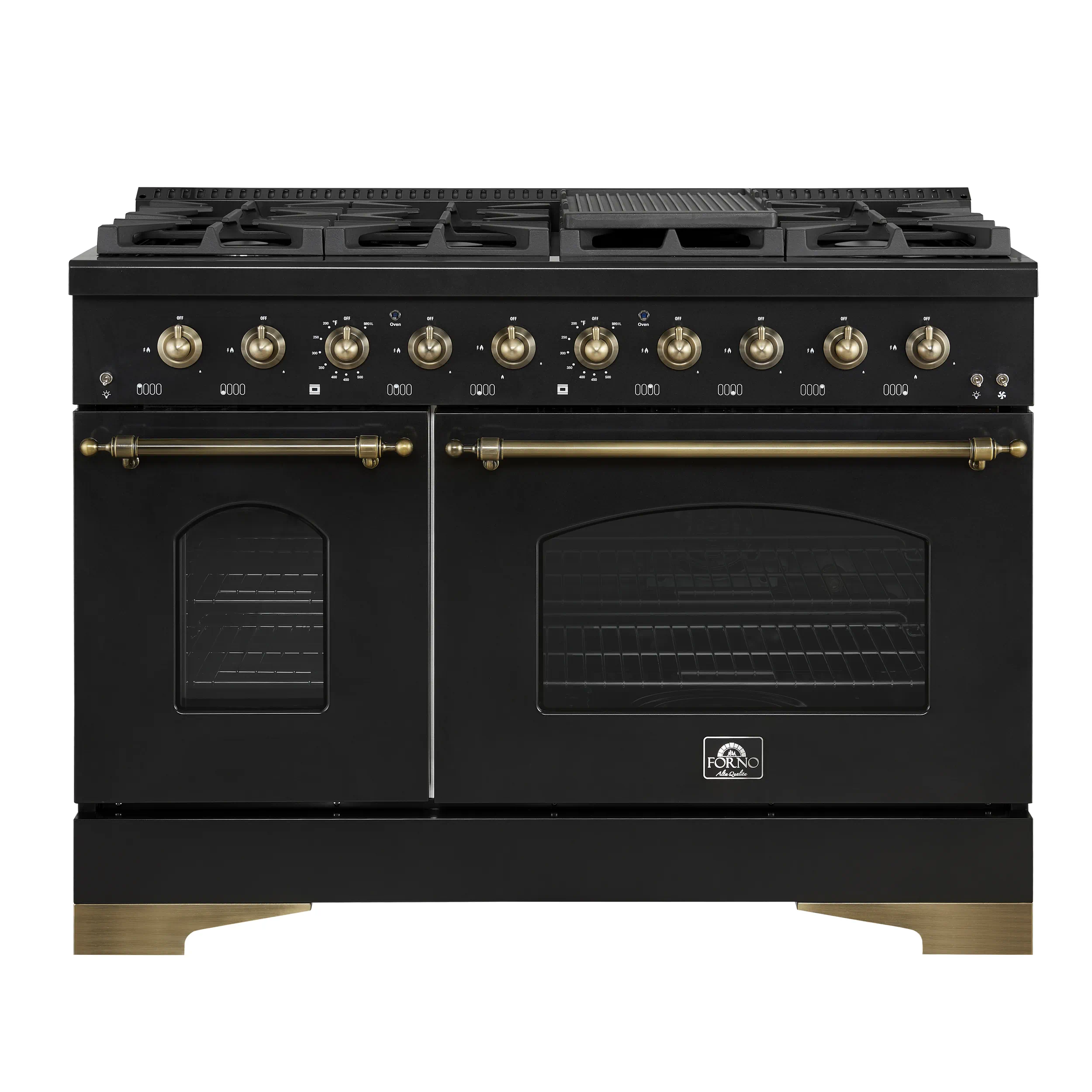 Forno 5-Piece Appliance Package - 48-Inch Dual Fuel Range, 60-Inch Convertible Refrigerator with Modern Grille Trim, Dishwasher, and 24-Inch Microwave Oven in Black with Antique Brass Handle - Image 2