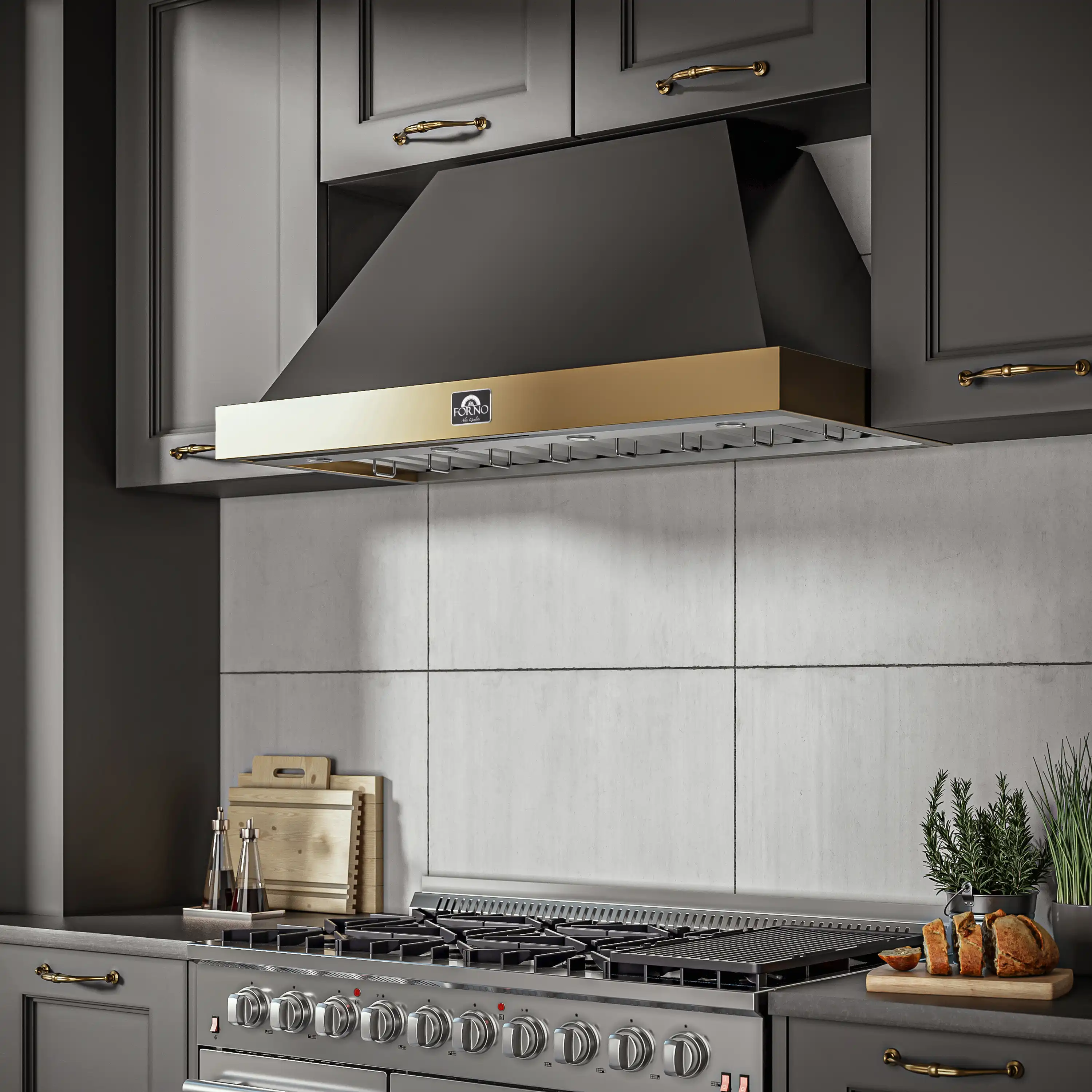 Forno 5-Piece Appliance Package - 48-Inch Dual Fuel Range, 60-Inch Convertible Refrigerator with Modern Trim, Dishwasher, and 24-Inch Microwave Oven in Black with Antique Brass Handle - Image 19