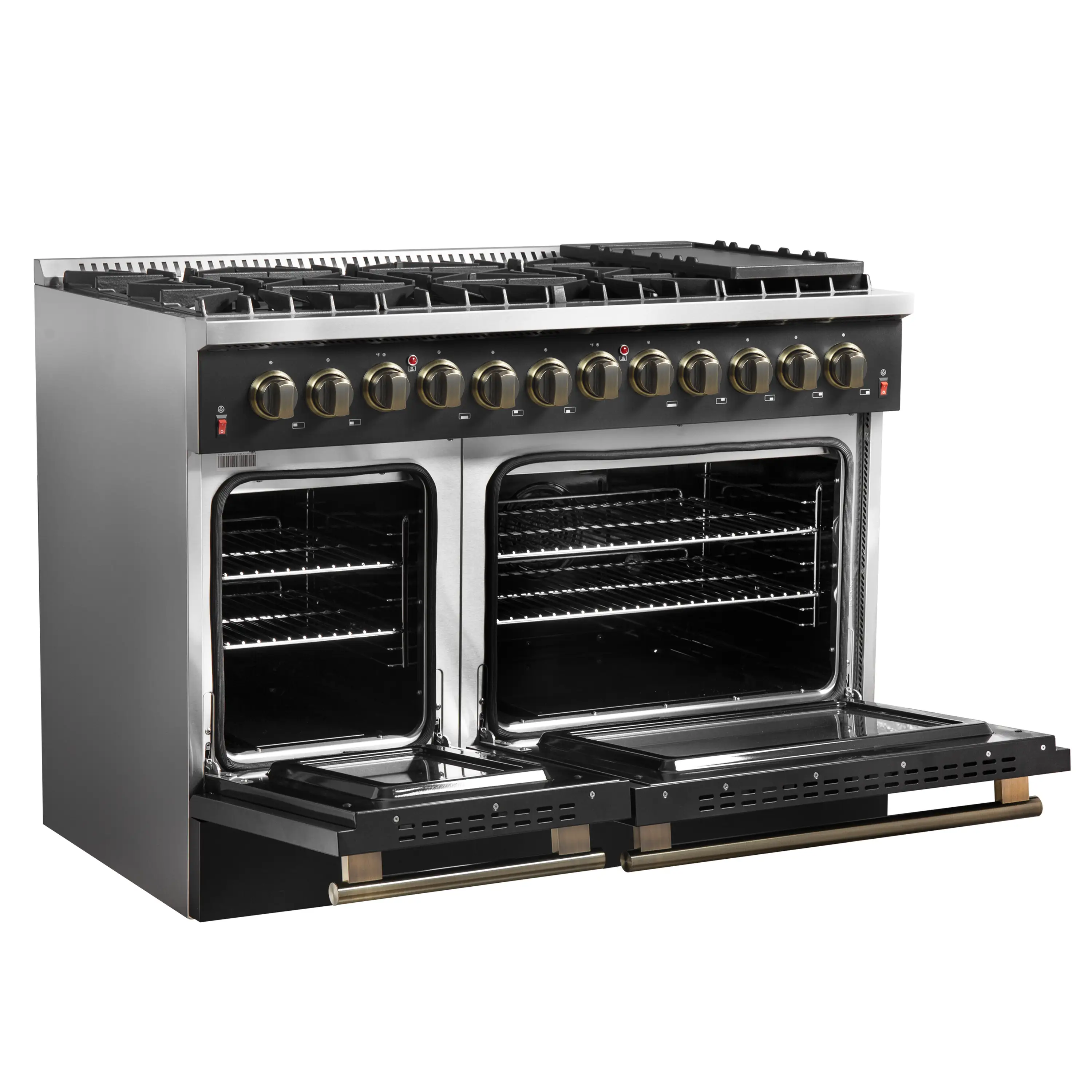 Forno 5-Piece Appliance Package - 48-Inch Dual Fuel Range, 60-Inch Convertible Refrigerator with Modern Trim, Dishwasher, and 24-Inch Microwave Oven in Black with Antique Brass Handle - Image 6