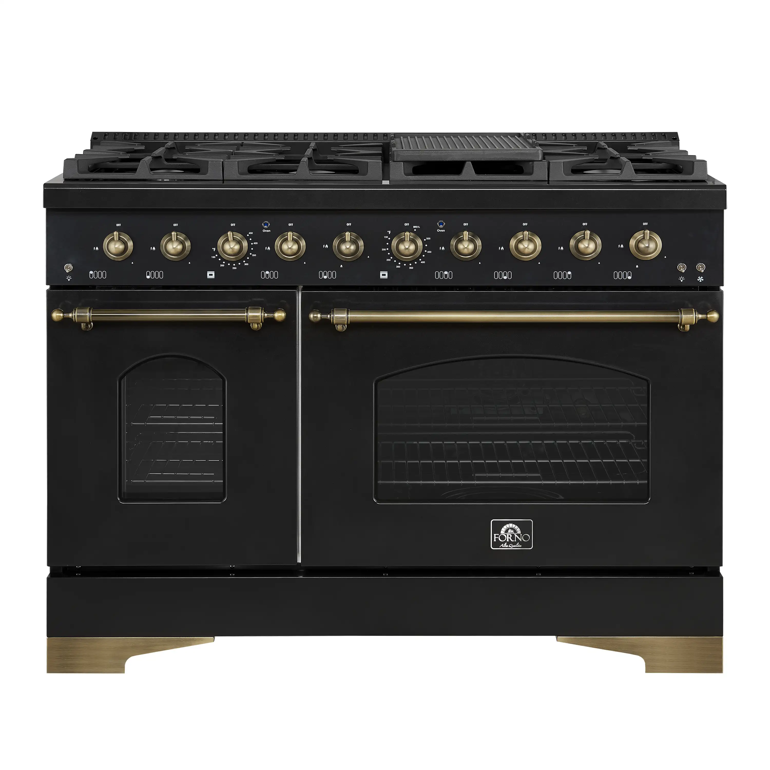 Forno 5-Piece Appliance Package - 48-Inch Gas Range, 60-Inch Convertible Refrigerator with Modern Grille Trim, Dishwasher, and 30-Inch Microwave Oven in Black with Antique Brass Handle - Image 2