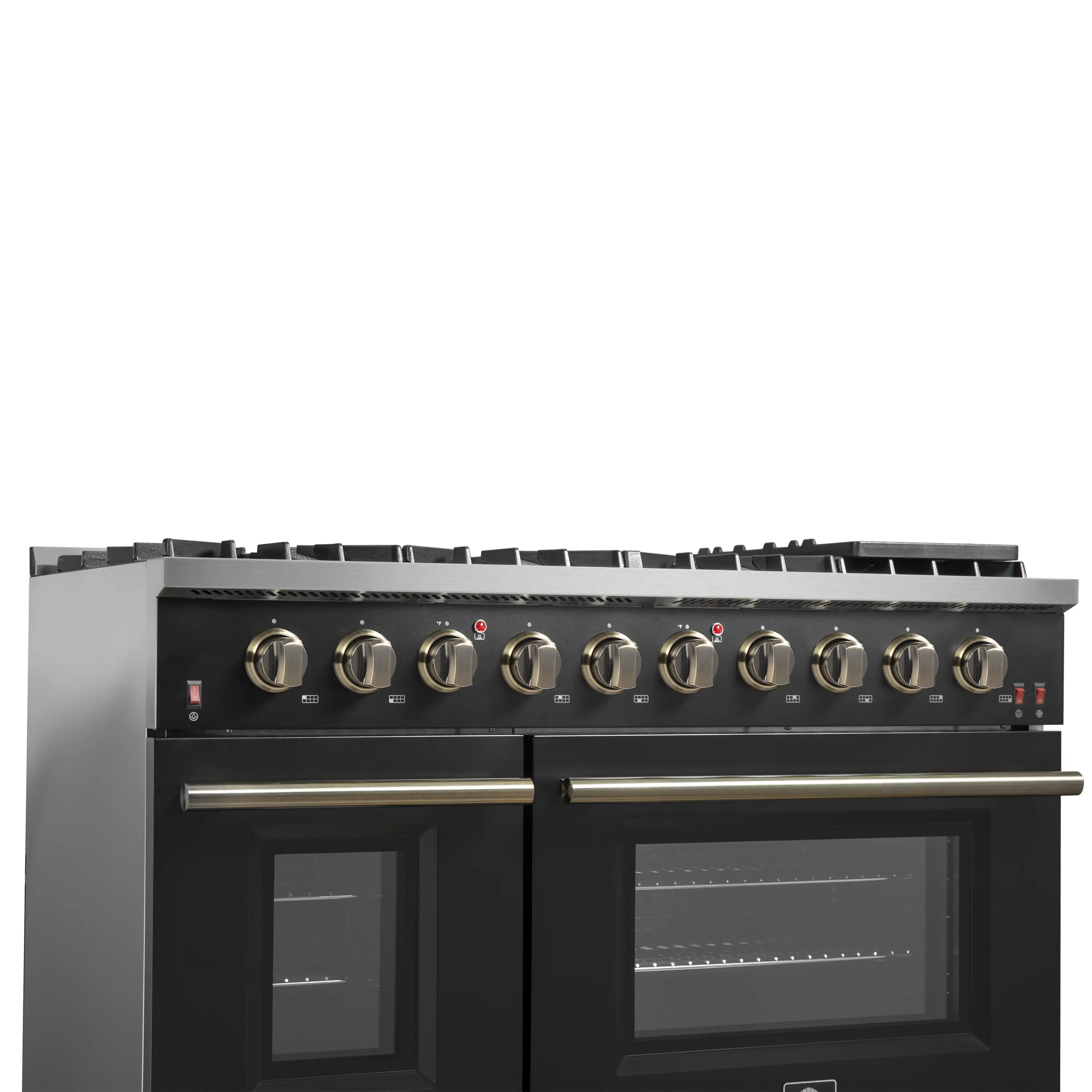 Forno 5-Piece Appliance Package - 48-Inch Gas Range, 60-Inch Convertible Refrigerator with Modern Trim, Dishwasher, and 30-Inch Microwave Oven in Black with Antique Brass Handle - Image 13