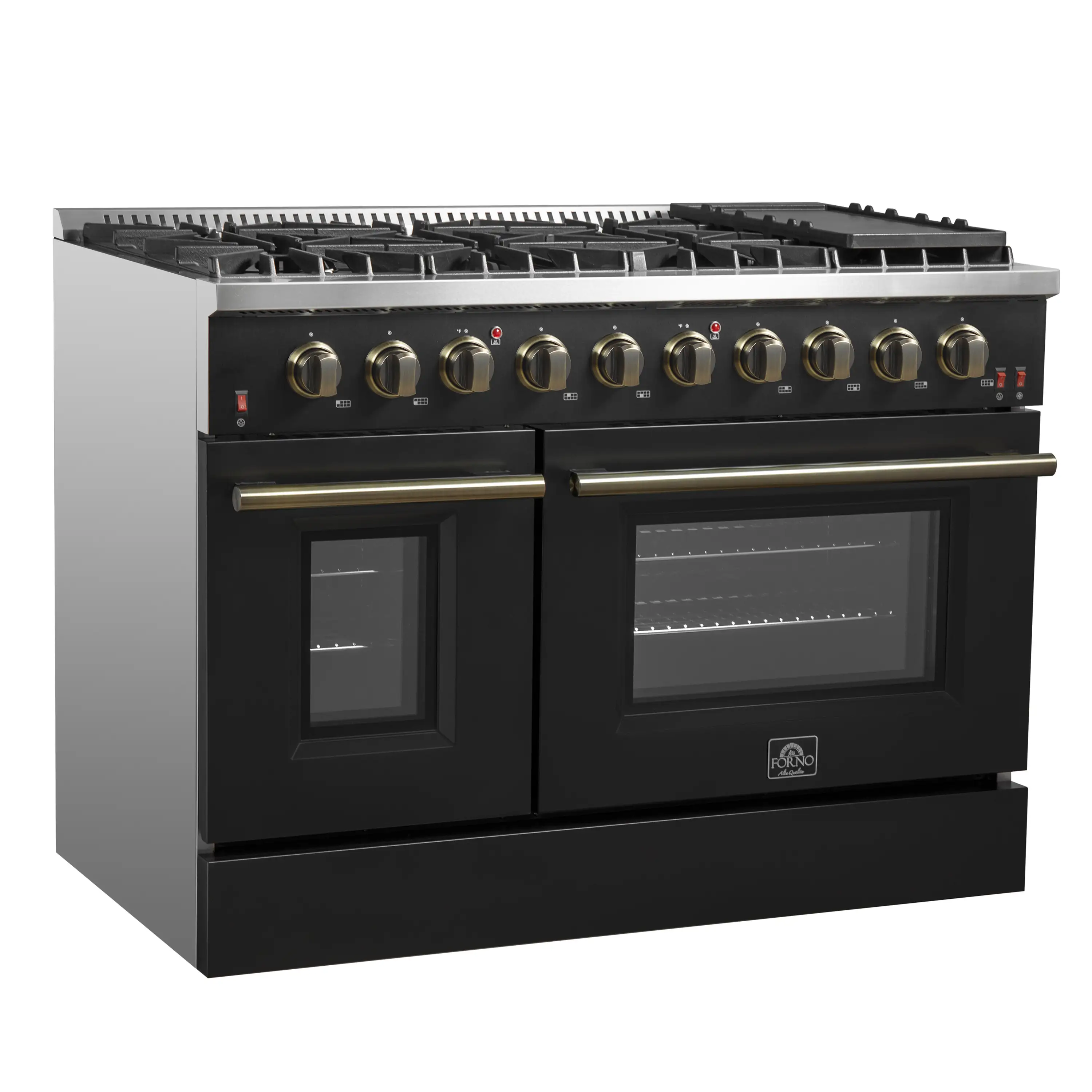 Forno 5-Piece Appliance Package - 48-Inch Gas Range, 60-Inch Convertible Refrigerator with Modern Trim, Dishwasher, and 24-Inch Microwave Oven in Black with Antique Brass Handle - Image 4