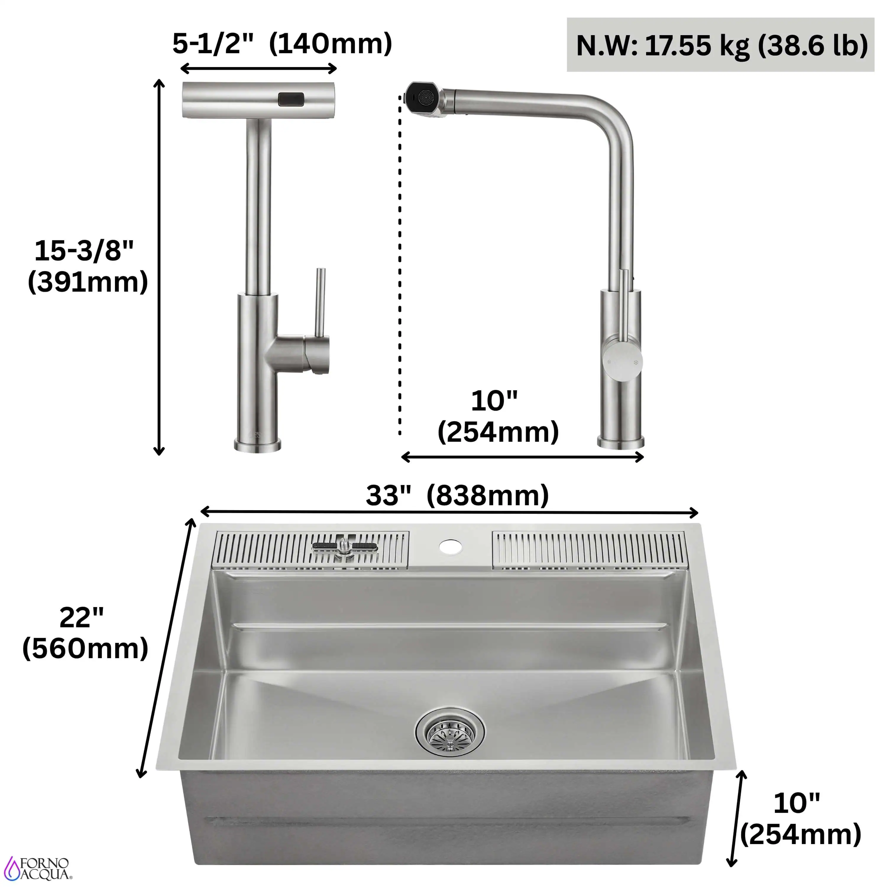 Forno Acqua 33-Inch Drop-In/Undermount 3-Level Workstation Sink with Waterfall Faucet & Glass Rinser (D-XP30) - Image 12