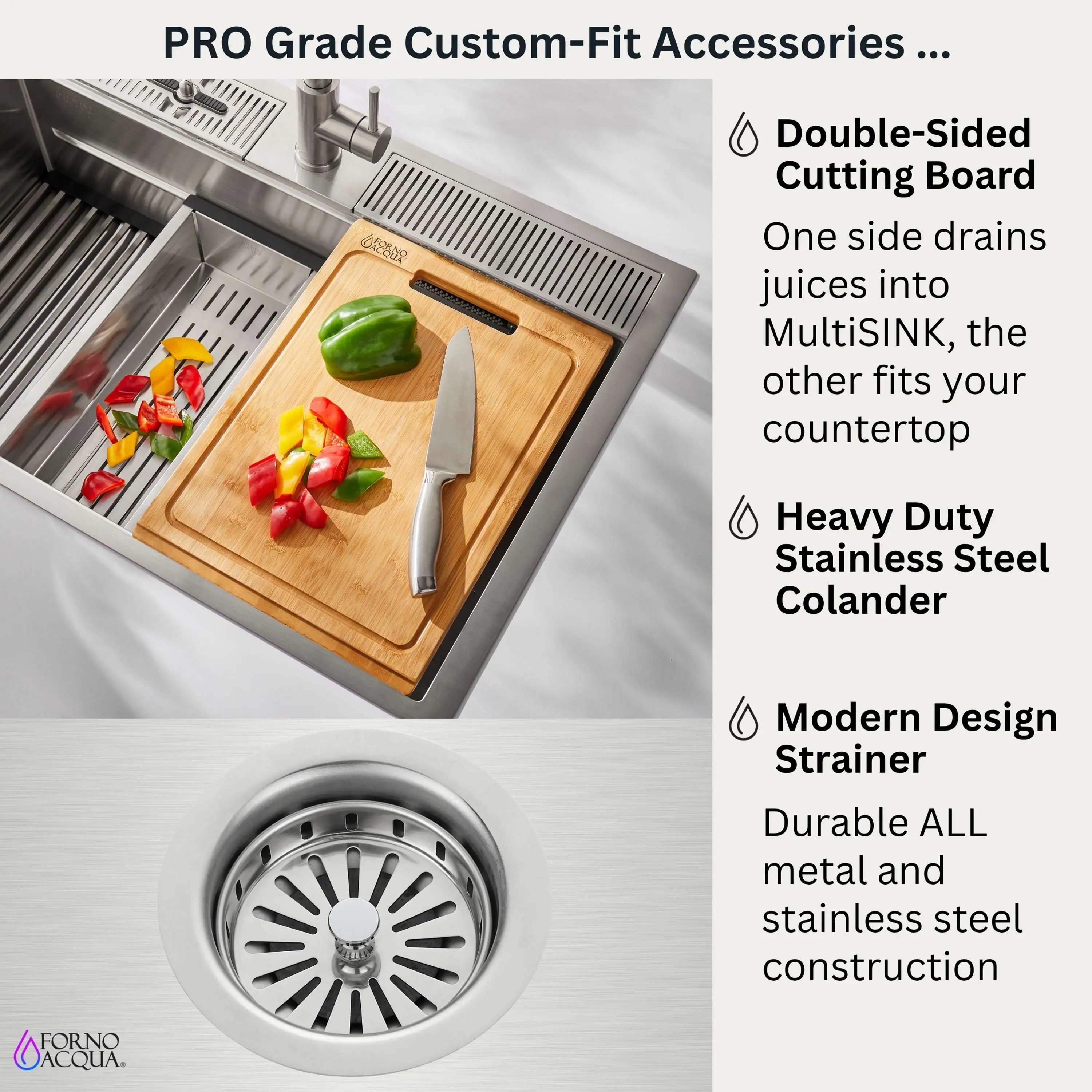 Forno Acqua 33-Inch Drop-In/Undermount 3-Level Workstation Sink with Waterfall Faucet & Glass Rinser (D-XP30) - Image 6