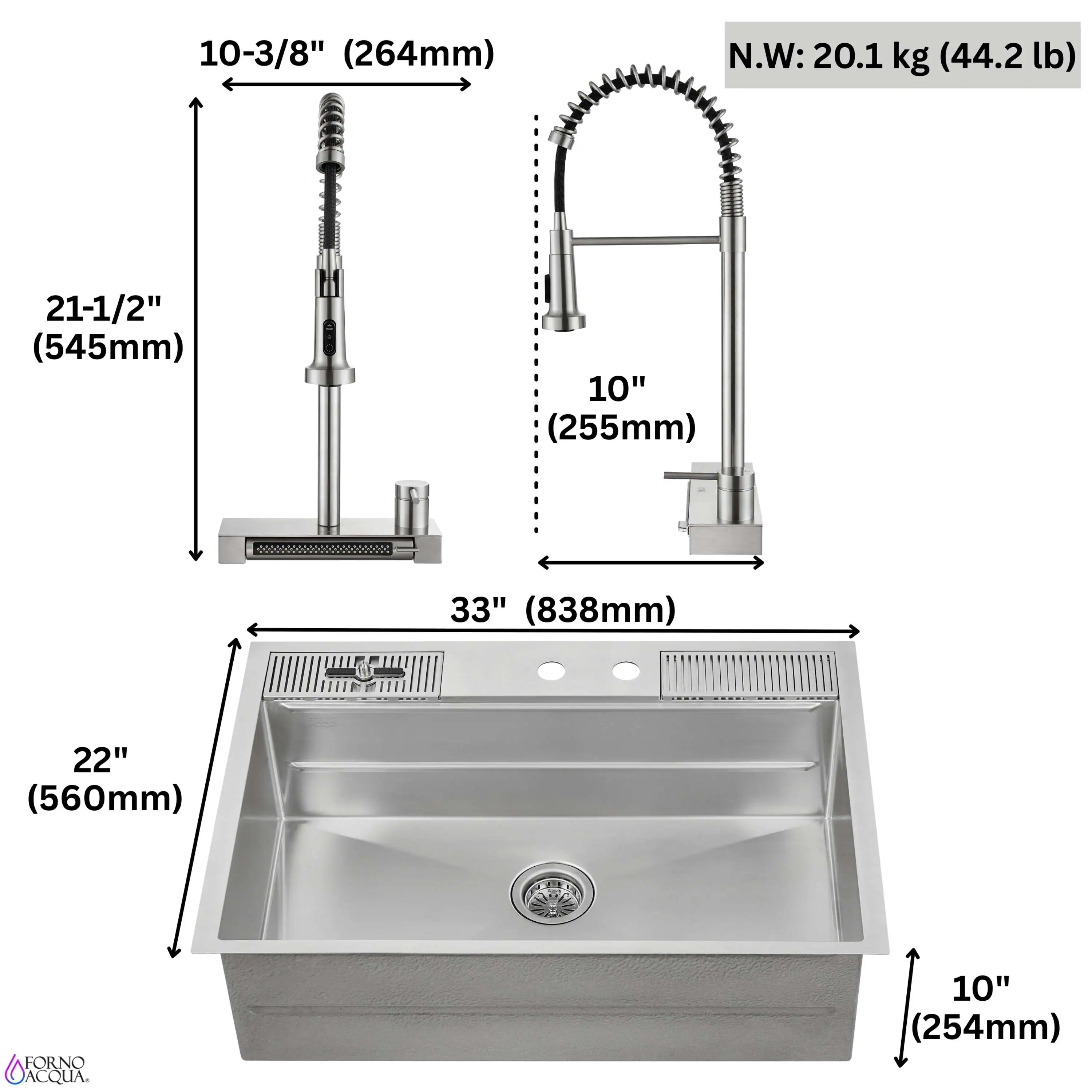 Forno Acqua 33-Inch Drop-In/Undermount 3-Level MultiSINK Workstation Sink with Waterfall Faucet & Glass Rinser (E-XP31) - Image 13