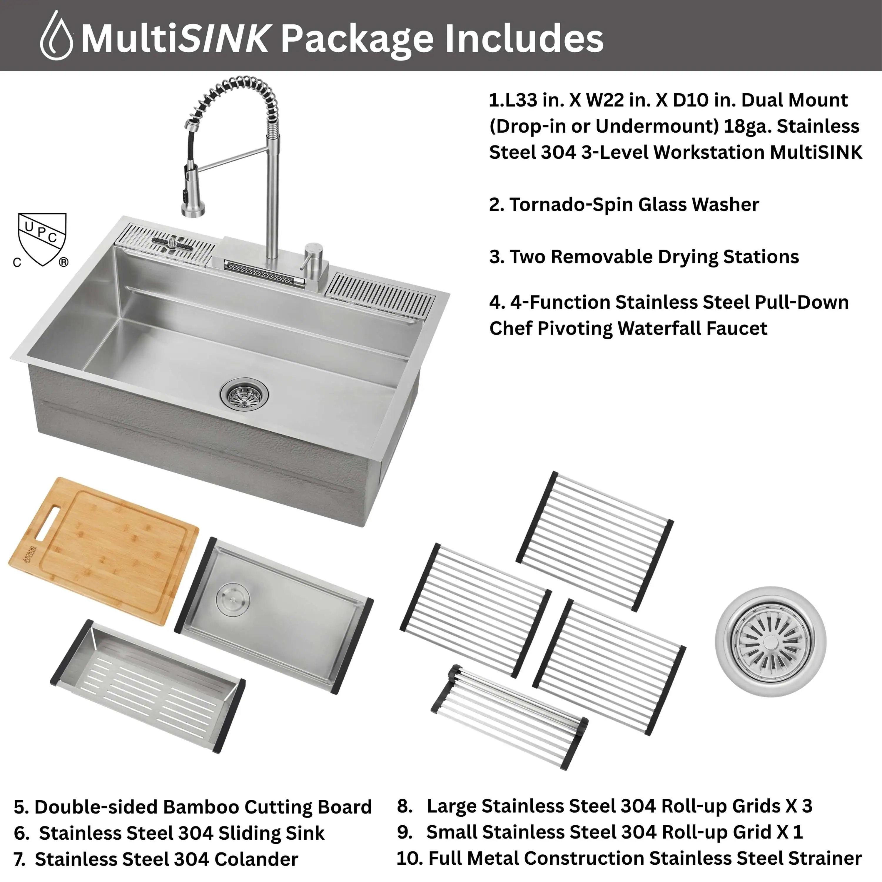 Forno Acqua 33-Inch Drop-In/Undermount 3-Level MultiSINK Workstation Sink with Waterfall Faucet & Glass Rinser (E-XP31) - Image 3