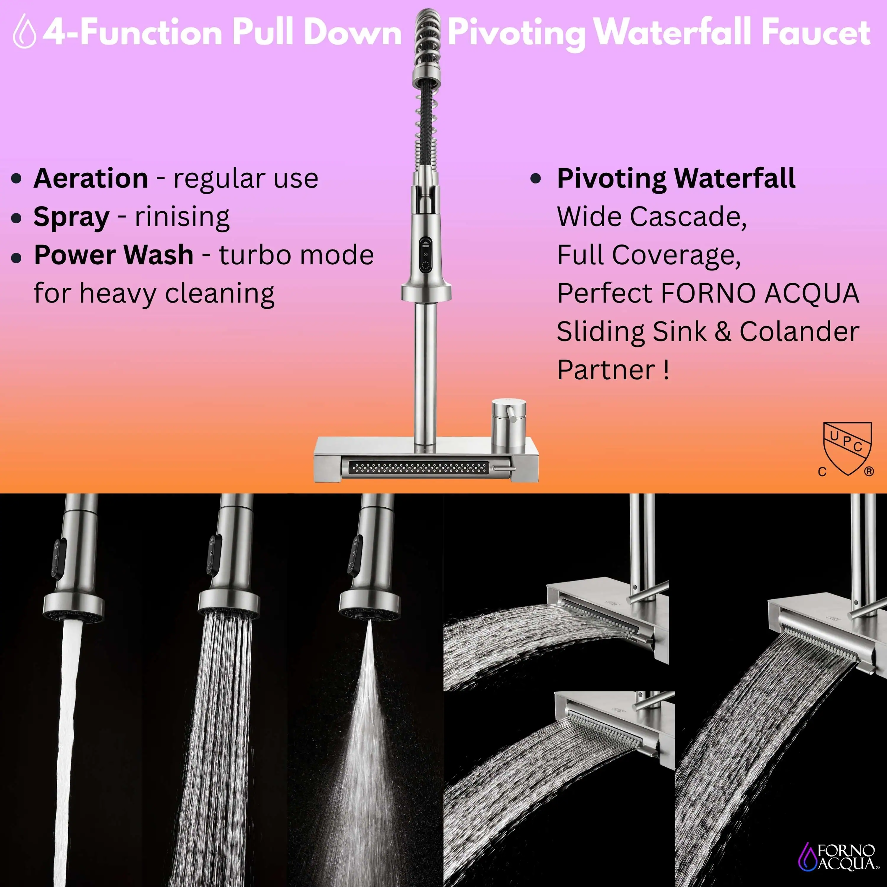 Forno Acqua 33-Inch Drop-In/Undermount 3-Level MultiSINK Workstation Sink with Waterfall Faucet & Glass Rinser (E-XP31) - Image 7