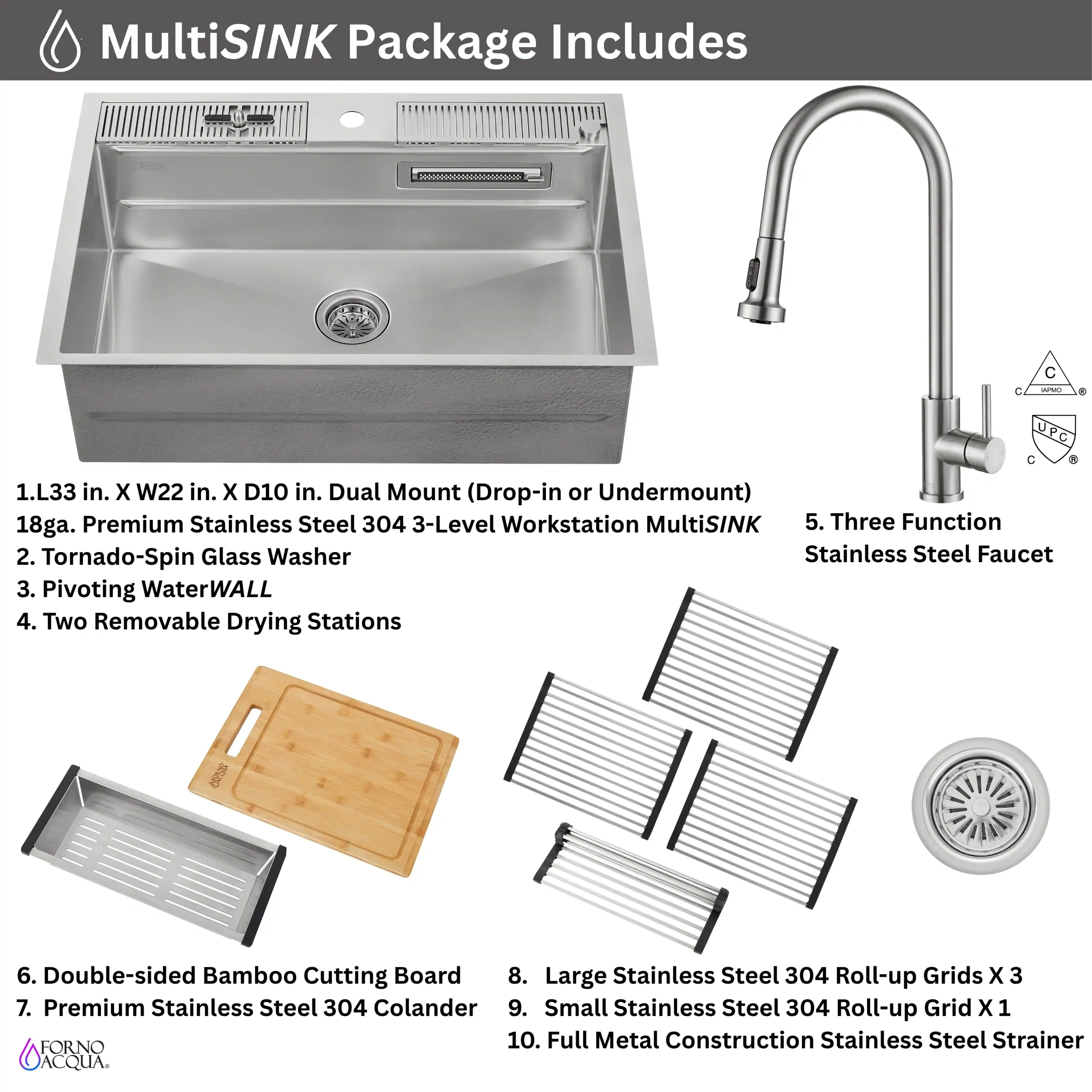 Forno Acqua 33-Inch Drop-In/Undermount 3-Level Workstation Sink with Faucet, Waterfall & Glass Rinser (D-WP30) - Image 14