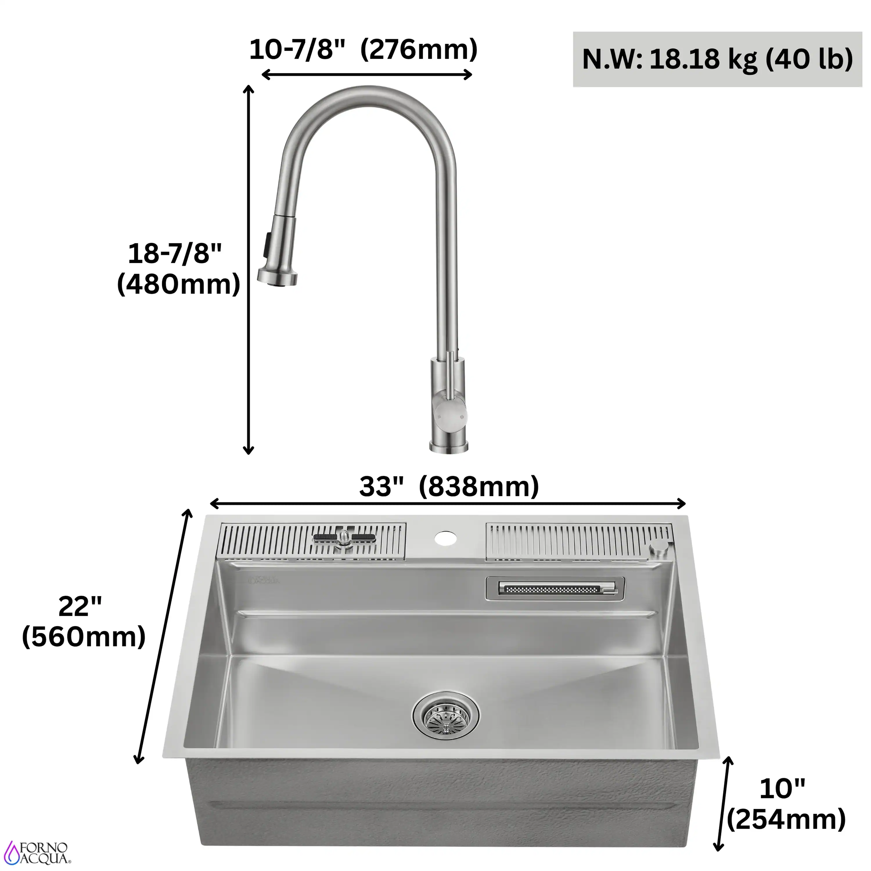 Forno Acqua 33-Inch Drop-In/Undermount 3-Level Workstation Sink with Faucet, Waterfall & Glass Rinser (D-WP30) - Image 15