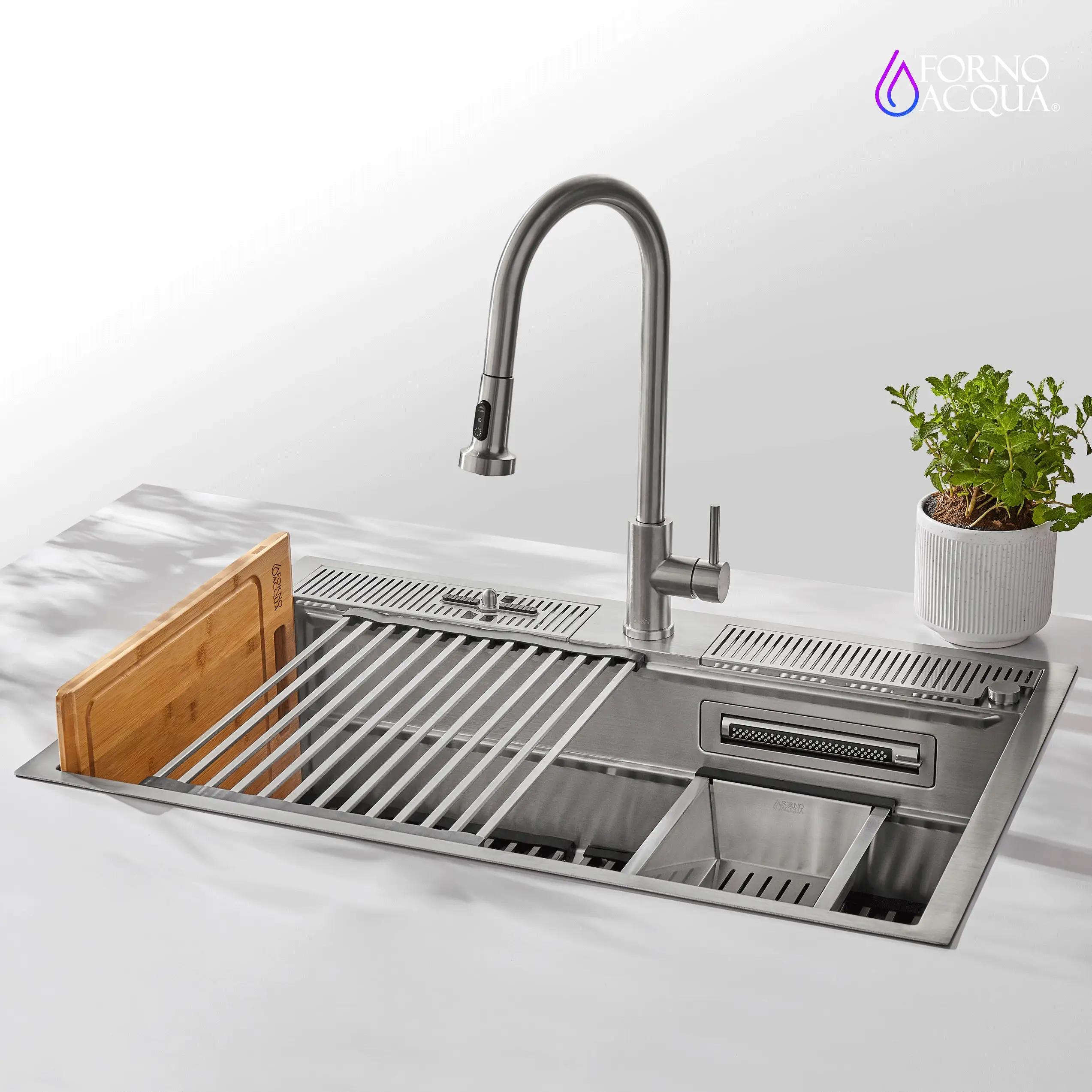 Forno Acqua 33-Inch Drop-In/Undermount 3-Level Workstation Sink with Faucet, Waterfall & Glass Rinser (D-WP30) - Image 2