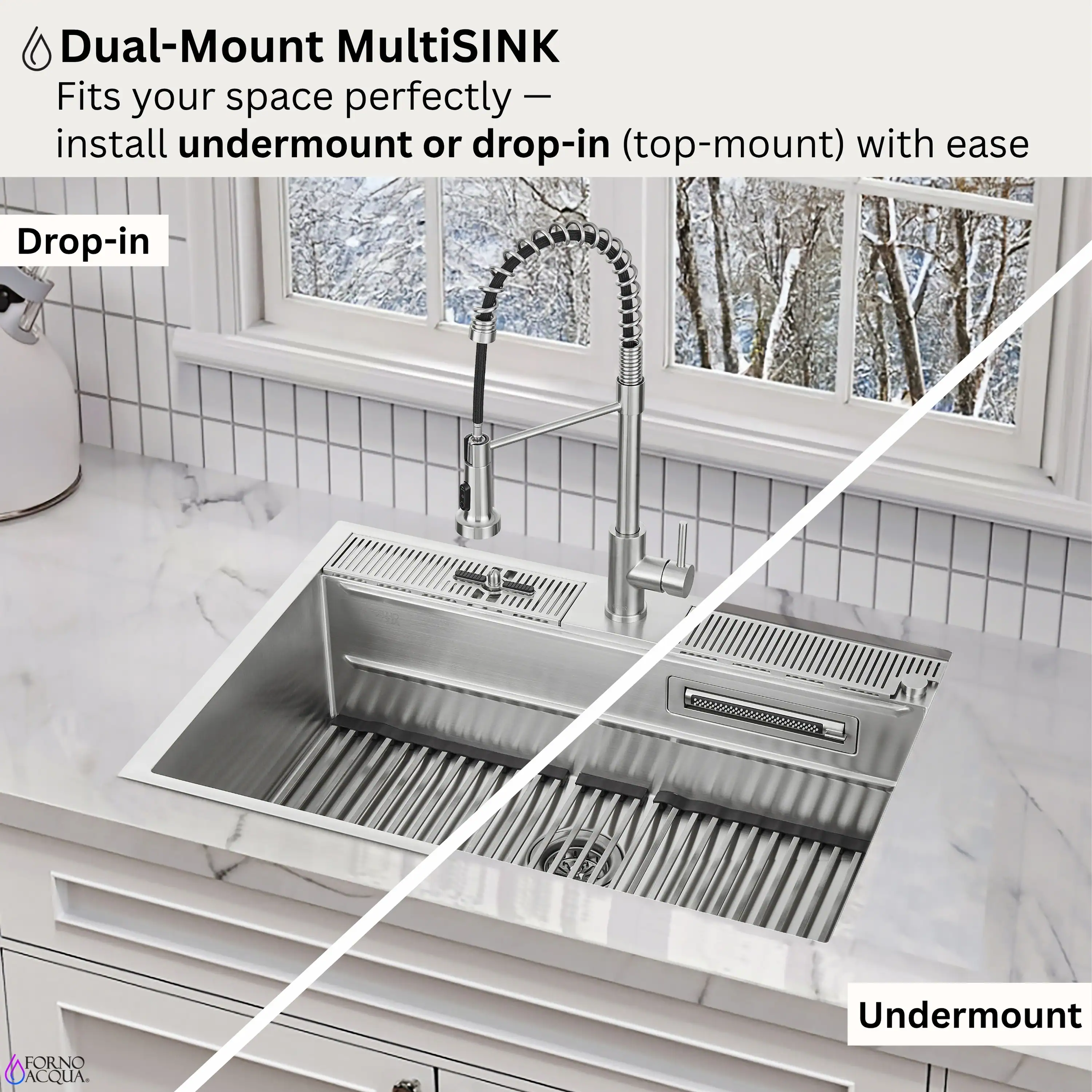 Forno Acqua 33-Inch Drop-In/Undermount 3 Level Workstation Sink with Faucet, Waterfall & Glass Rinser (E-ZP30) - Image 13