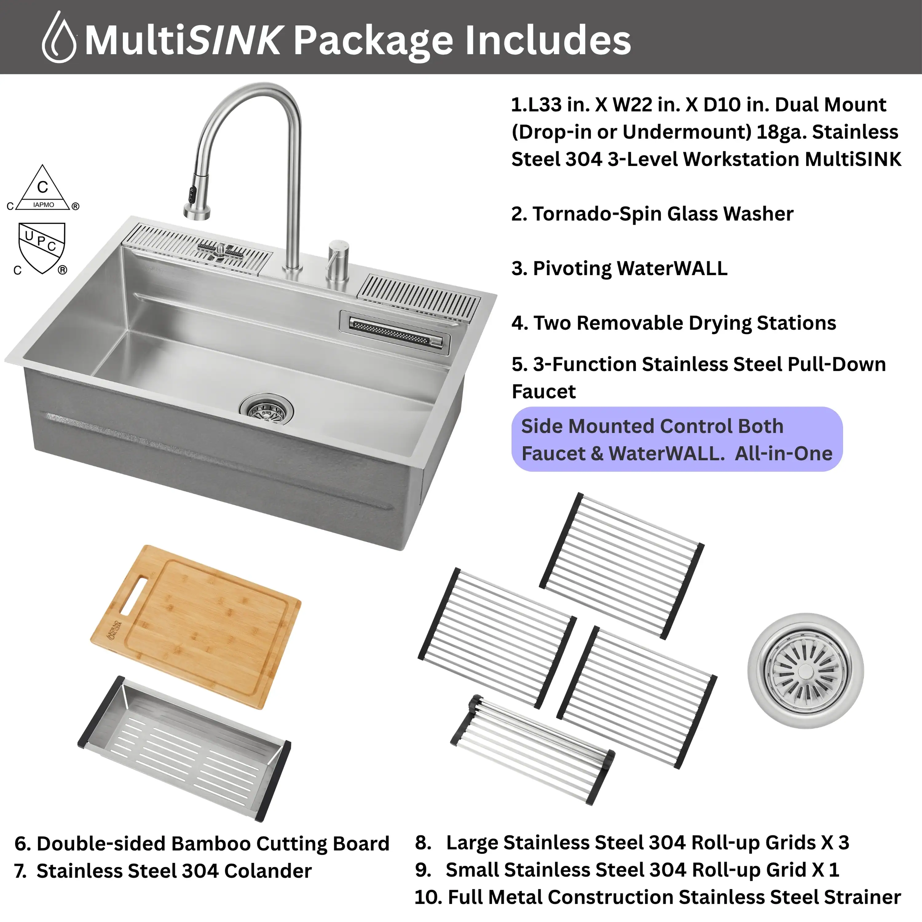 Forno Acqua 33-Inch Drop-In/Undermount 3 Level Workstation Sink with Faucet, Waterfall & Glass Rinser (E-ZP30) - Image 14