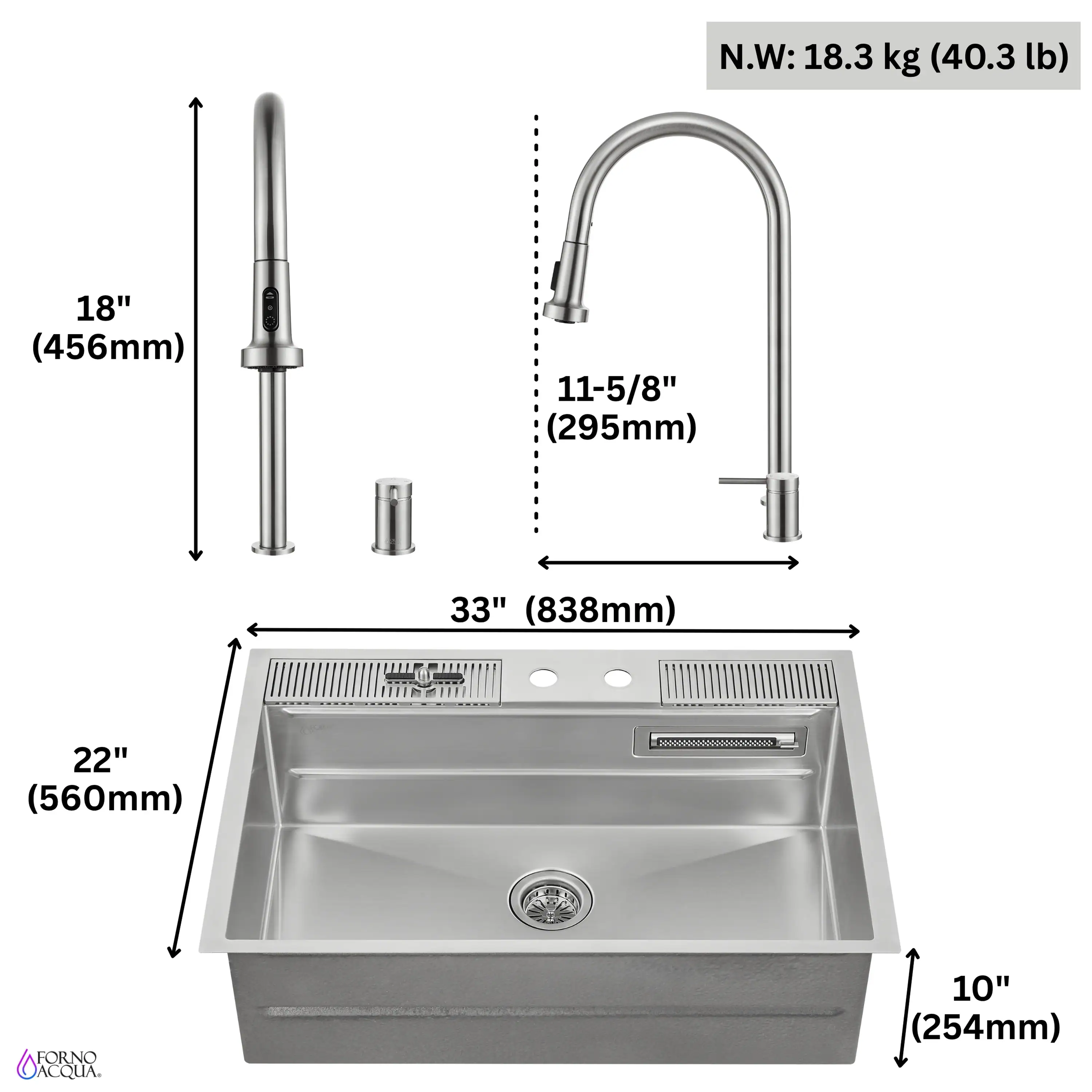 Forno Acqua 33-Inch Drop-In/Undermount 3 Level Workstation Sink with Faucet, Waterfall & Glass Rinser (E-ZP30) - Image 15